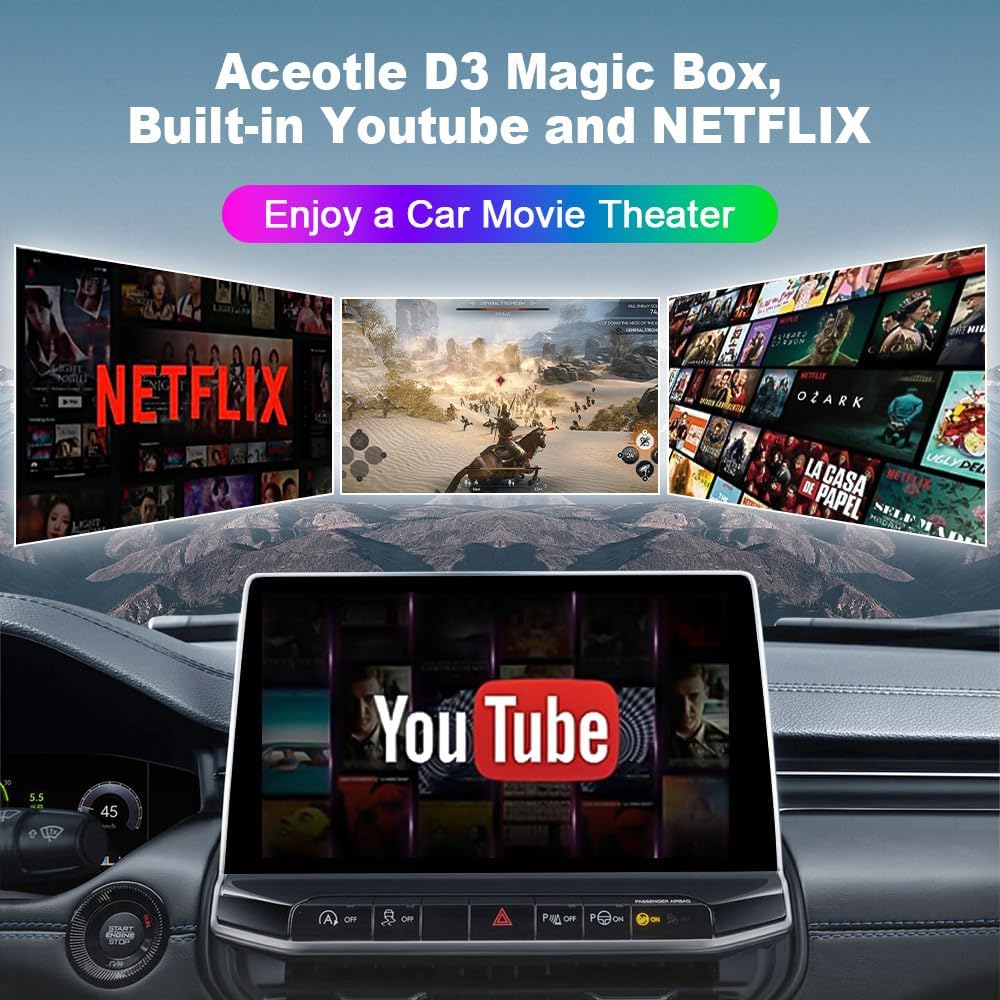 D3 Ai Box Wireless CarPlay Adapter Android Auto, Netflix/YouTube/TikTok, Vehicle-Level Chip Stable Connect HD Navigation, 3-in-1 Magic Box Split-Screen & Mirroring Magic CarPlay（4GB RAM+32GB ROM）