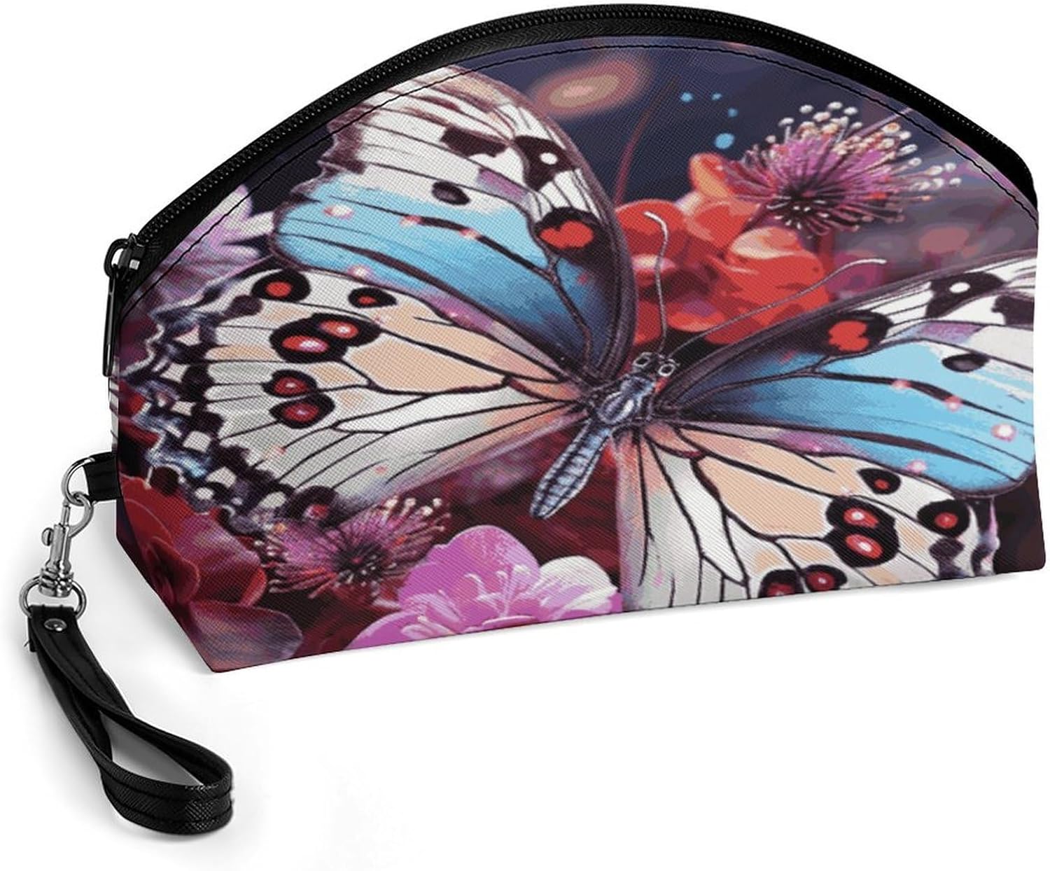 Colorful Butterflies on Flowers Makeup Bag Large Capacity Cosmetic Bag for Women Portable Toiletry Bags for Skincare Water-resistant Cosmetic Case PU Leather Travel Cosmetic Organizer