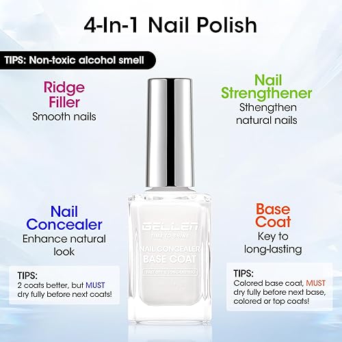 Miniatura 3 de Gellen Base Coat Corrector de Uñas Iluminador 4 en 1 Esmalte Blanco Lechoso, Fortalecedor de Uñas Relleno de Crestas Para Uñas, Esmalte de Uñas