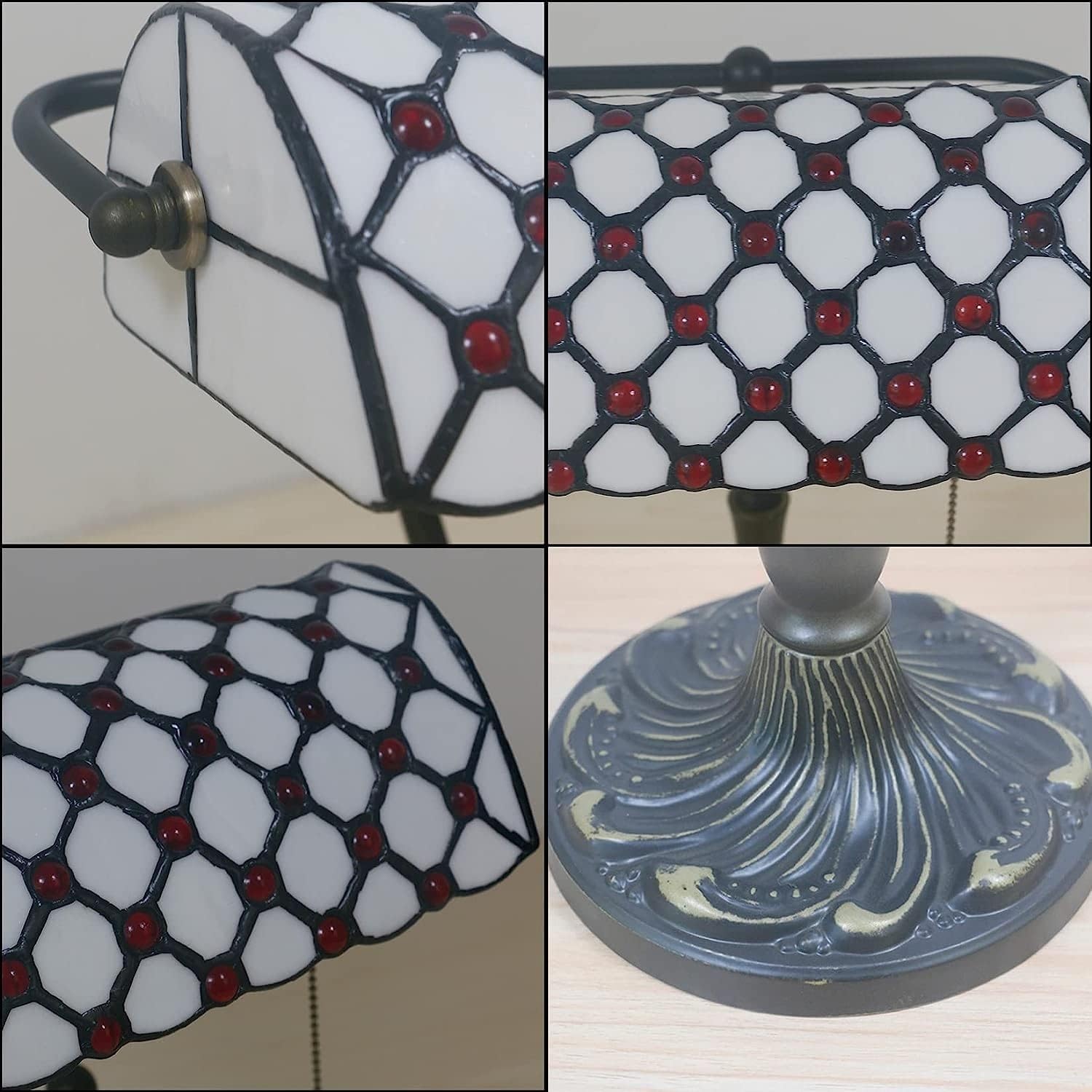 Bankiers Tischlampe, farbige Glaslampe, Kristallperlenschreibtischlampe, Schlafzimmer in der Nacht Leselampe (weißer rotes Glasperlen Schatten) Innovate