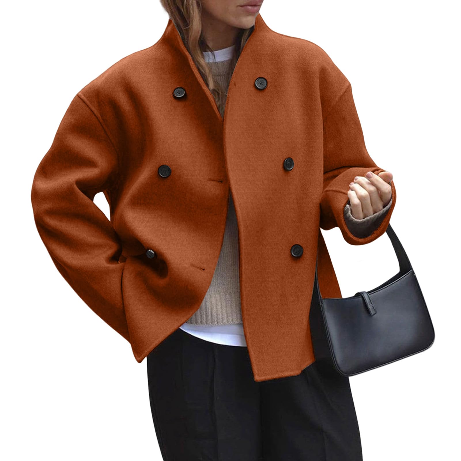 Womens Cropped Wool Blend Pea Coat Double Breasted Notched Lapel Overcoat Casual Business Short Blazer Jacket Fashion