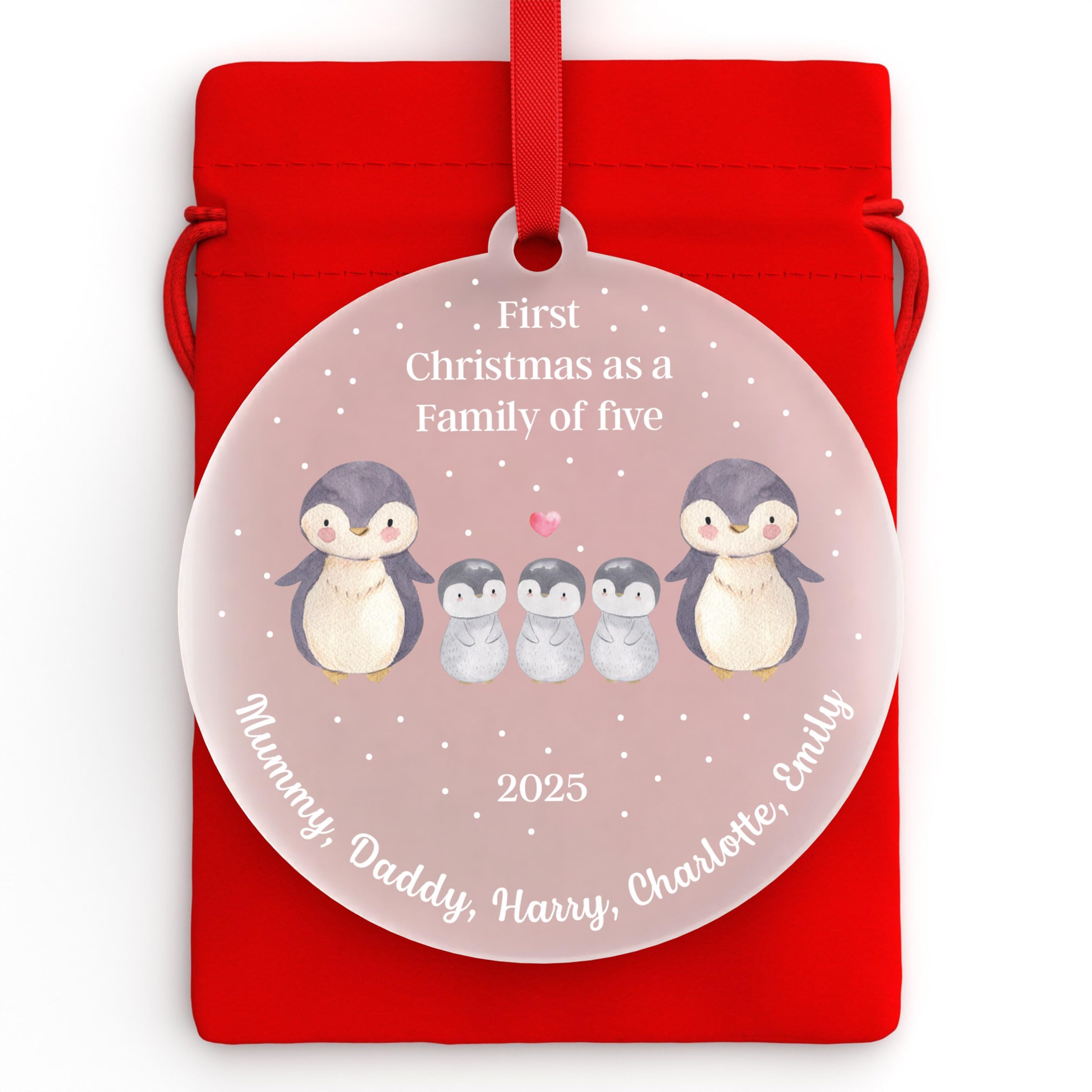 Beecreative Personalised First Christmas As A Family Of 5 Bauble, Family Of Five Xmas Decoration, Baby's First Christmas, New Baby Tree Decoration, With Red Bag