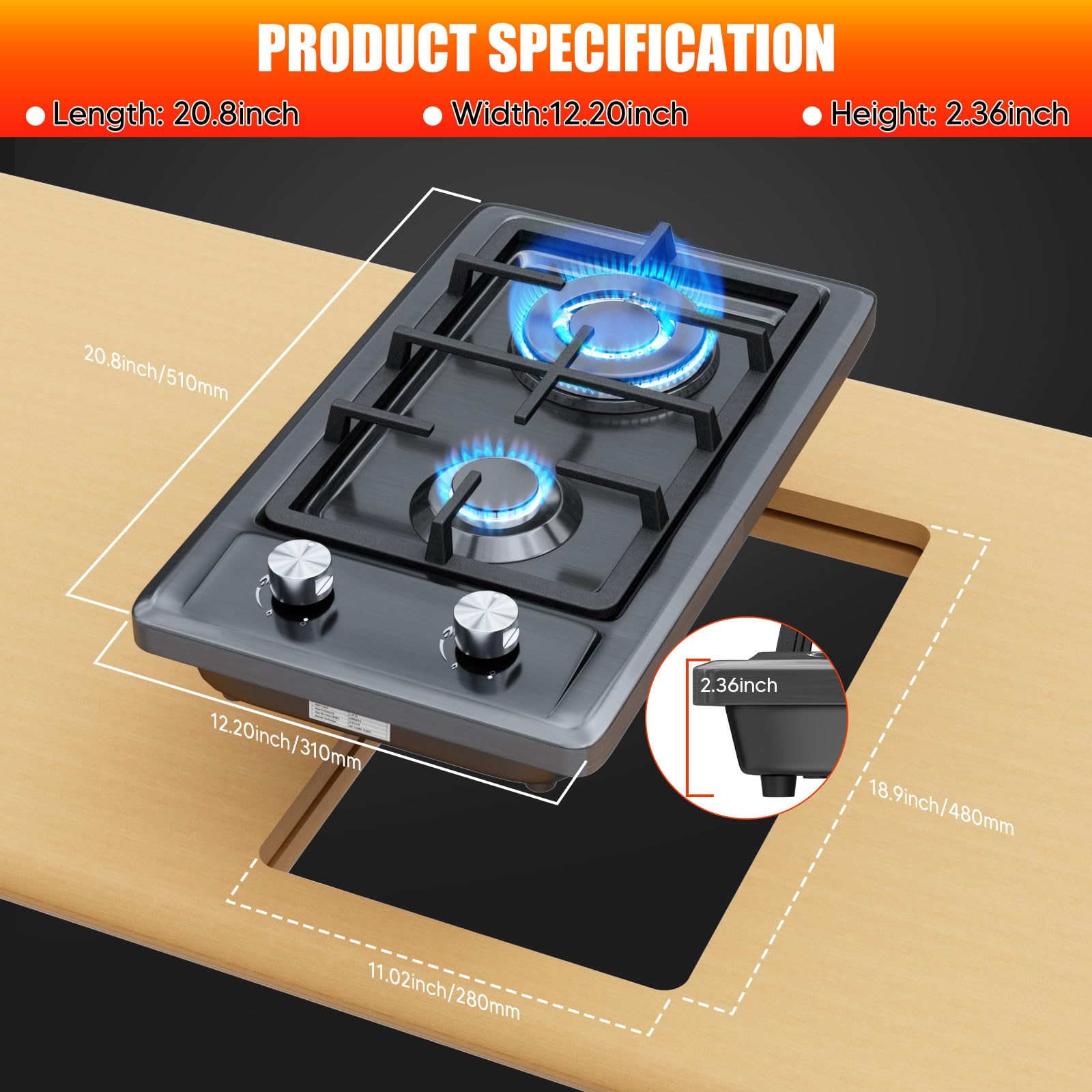 Piano Cottura A Gas 4 Fuochi | Vetro Temprato | Per Gas Naturale O Propano | Sicurezza Termocoppia - Foto 11