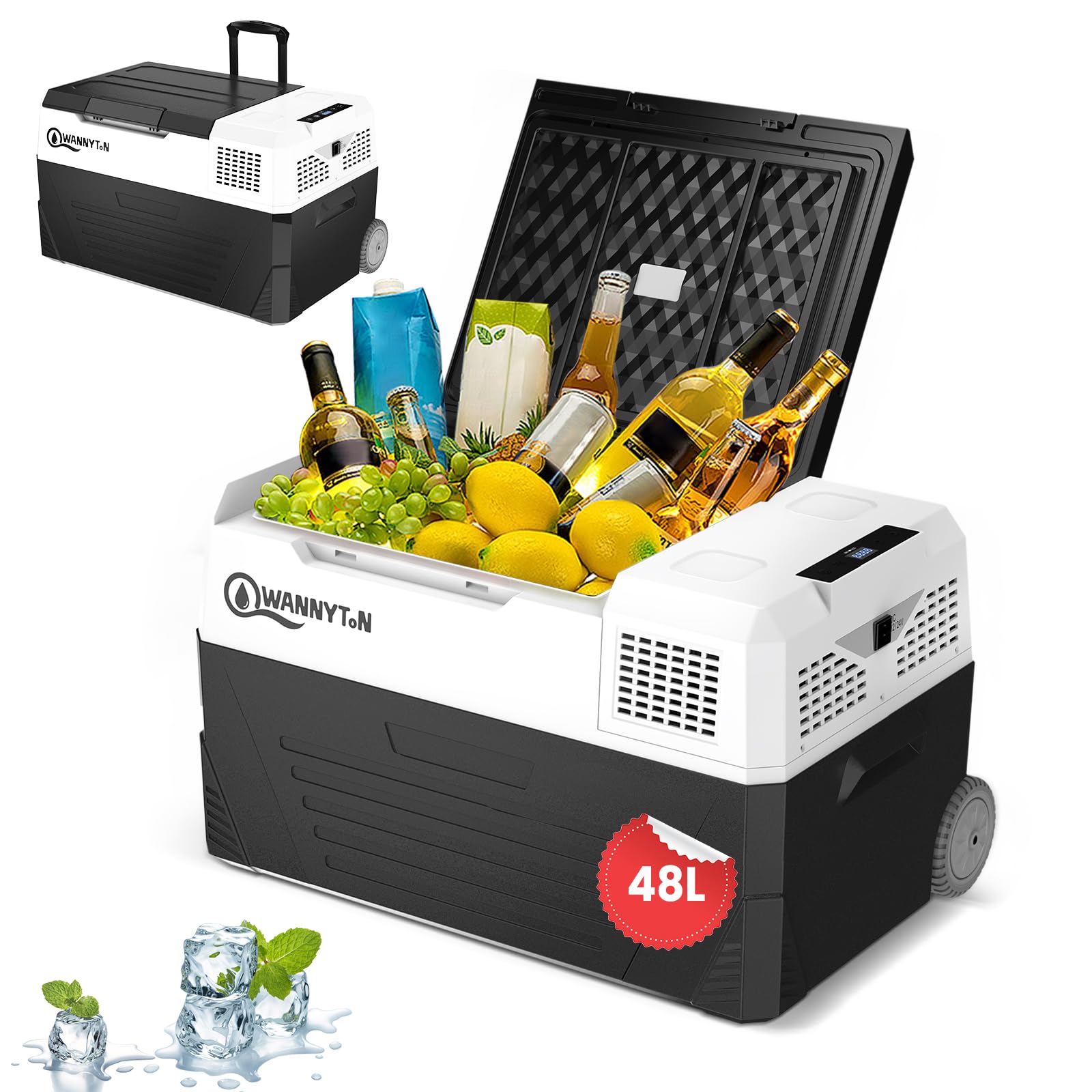 WANNYTON Nevera Eléctrica Portátil 48 L, 12/24/100-240 V, Mini Nevera Portatil para Cochr, Nevera Portatil Compresor con Ruedas y Asa, con Cable CC/CA