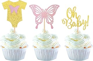 24 Pack Oh Baby Butterfly Cupcake Toppers Glitter Baby Onesie Gender Reveal Cupcake Picks Butterfly Theme Baby Shower Girl...