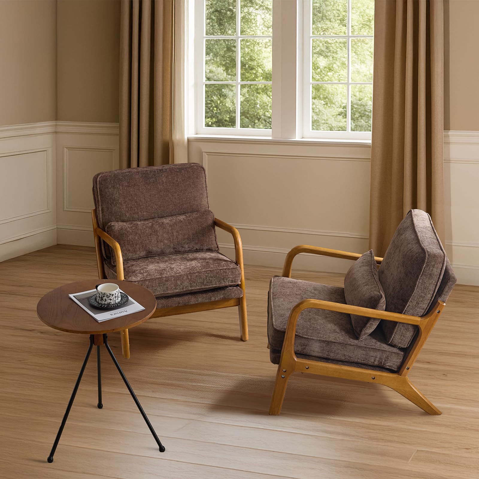 VINGLI Arm Chairs,Mid Century Modern Accent Chairs with Solid Wood Frame,Comfy Upholstered Armchair with Lumbar Pillow,Chairs for Living Room,Bedroom,Small Spaces,Chenille (Dark Coffee Brown-2pcs) — image 1