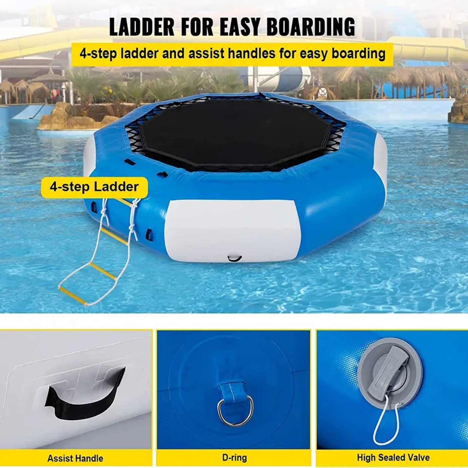 Trampolín inflable de agua con inflador eléctrico, rebotador de salpicaduras de buceo, escalera de cuerda, cuerdas de amarre y ancla para piscinas y lagos