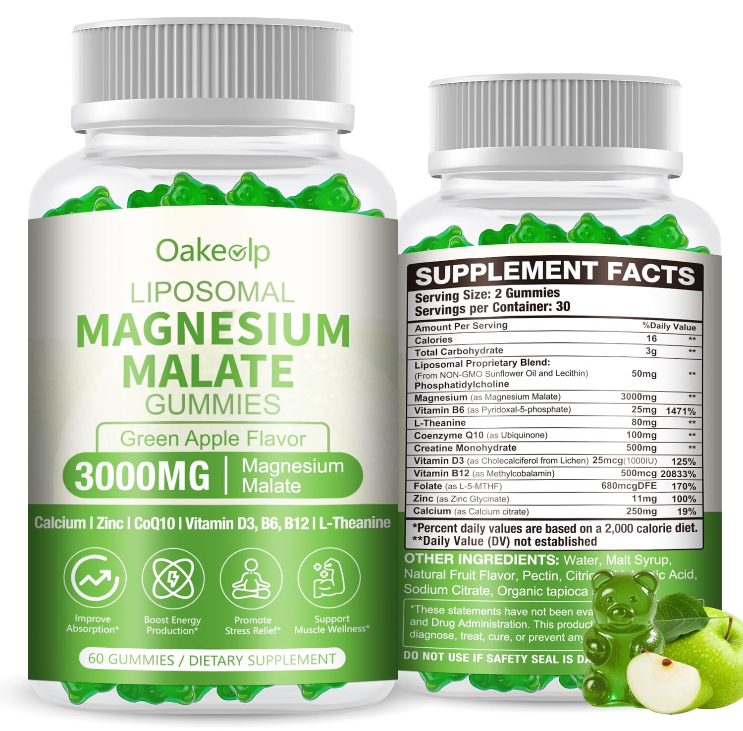 Liposomal 3000mg Magnesium Malate Gummies Supplement,Complex Creatine Monohydrate,Folate, Active B12 & D3, L-Theanine & CoQ10, for Stress Relief,Methylation, Energy, Muscle & Calm Green Apple 60 Count (Pack of 1)
