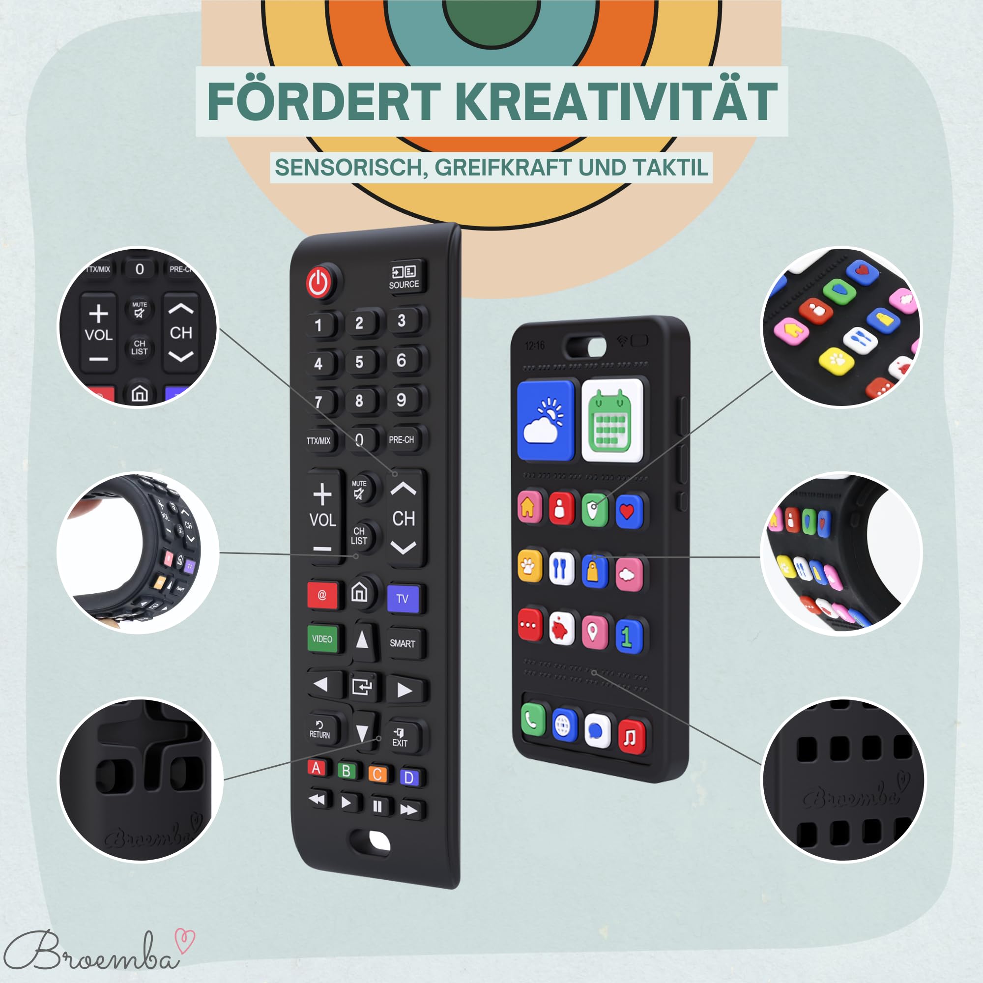 Zestaw Pilot Telefon Gryzak Silikonowy Bez BPA Dla Niemowląt 2 szt | Zestaw: pilot i telefon zabawkowy jako gryzak, bez elektroniki. Od 3 miesięcy. Można myć w zmywarce.