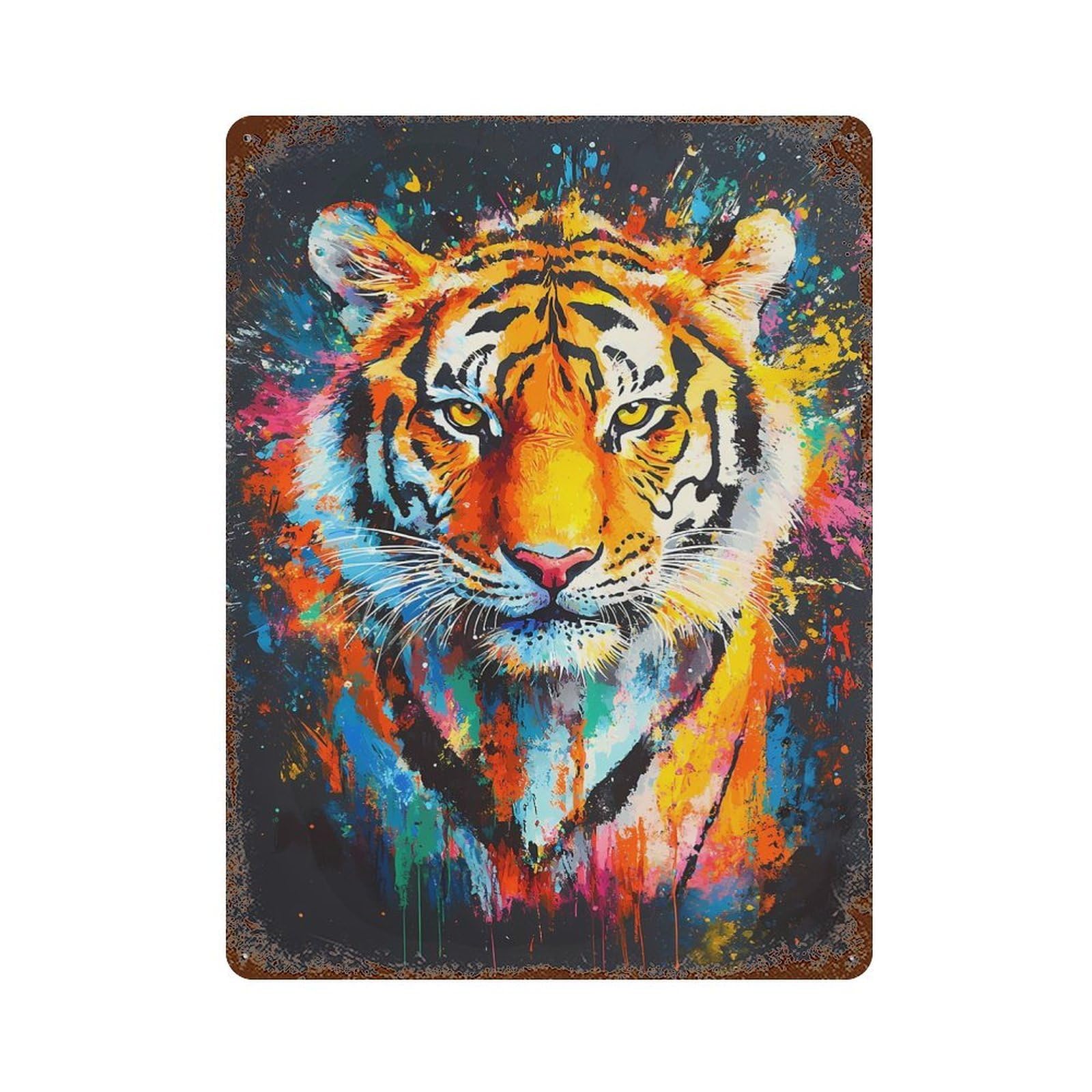Colorful Tiger Portrait Aged Metal Wall Plaque 15.7"x11.8", Industrial Home Decor for Pub, Kitchen And Man Cave Decor