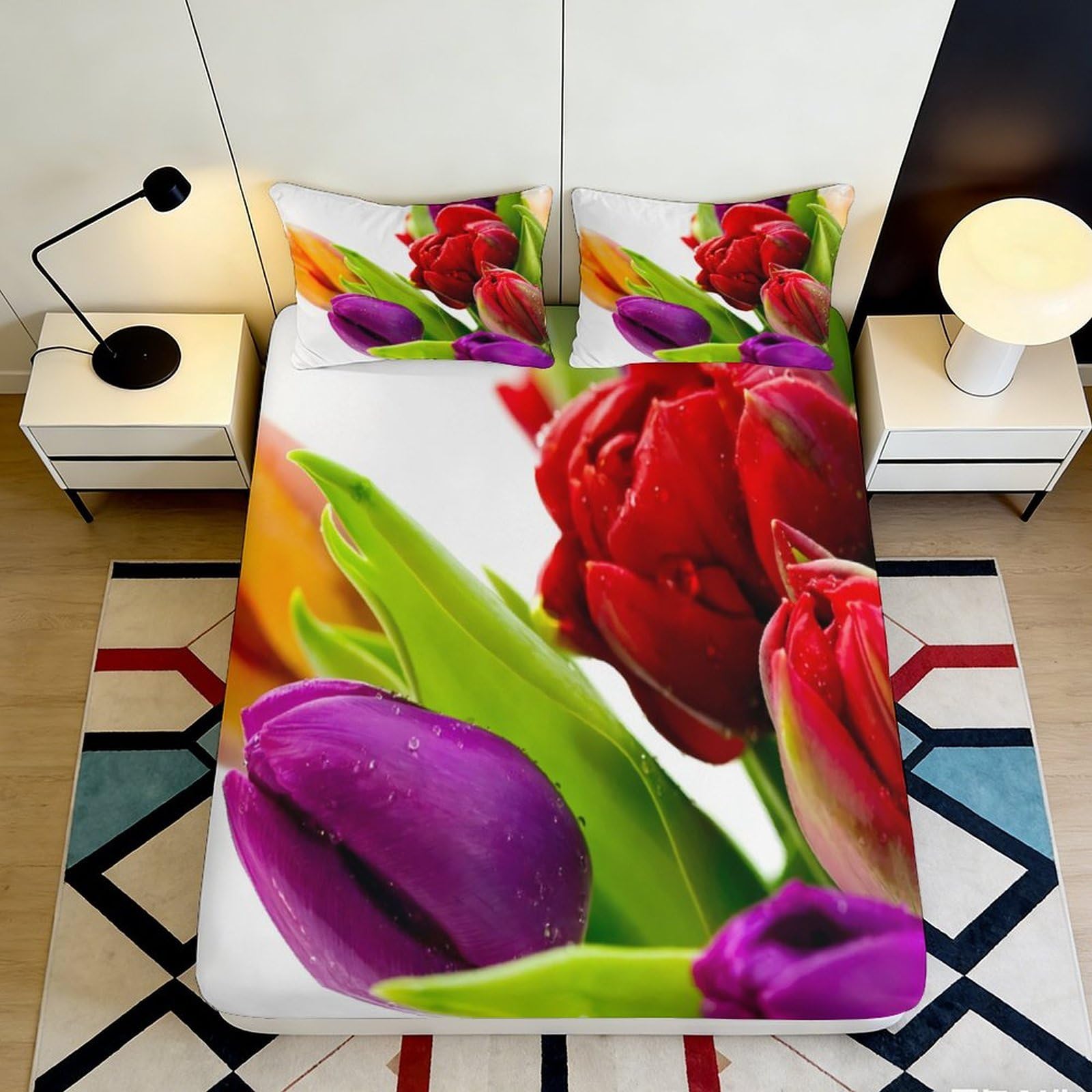 3D Printed tulip Fitted Sheet, vivid floral Bed Cover, Microfiber soft touch, wrinkle resistant, apartment bedding, home decor, easy care, for bedroom or guest room, 113 characters 90x200x25cm