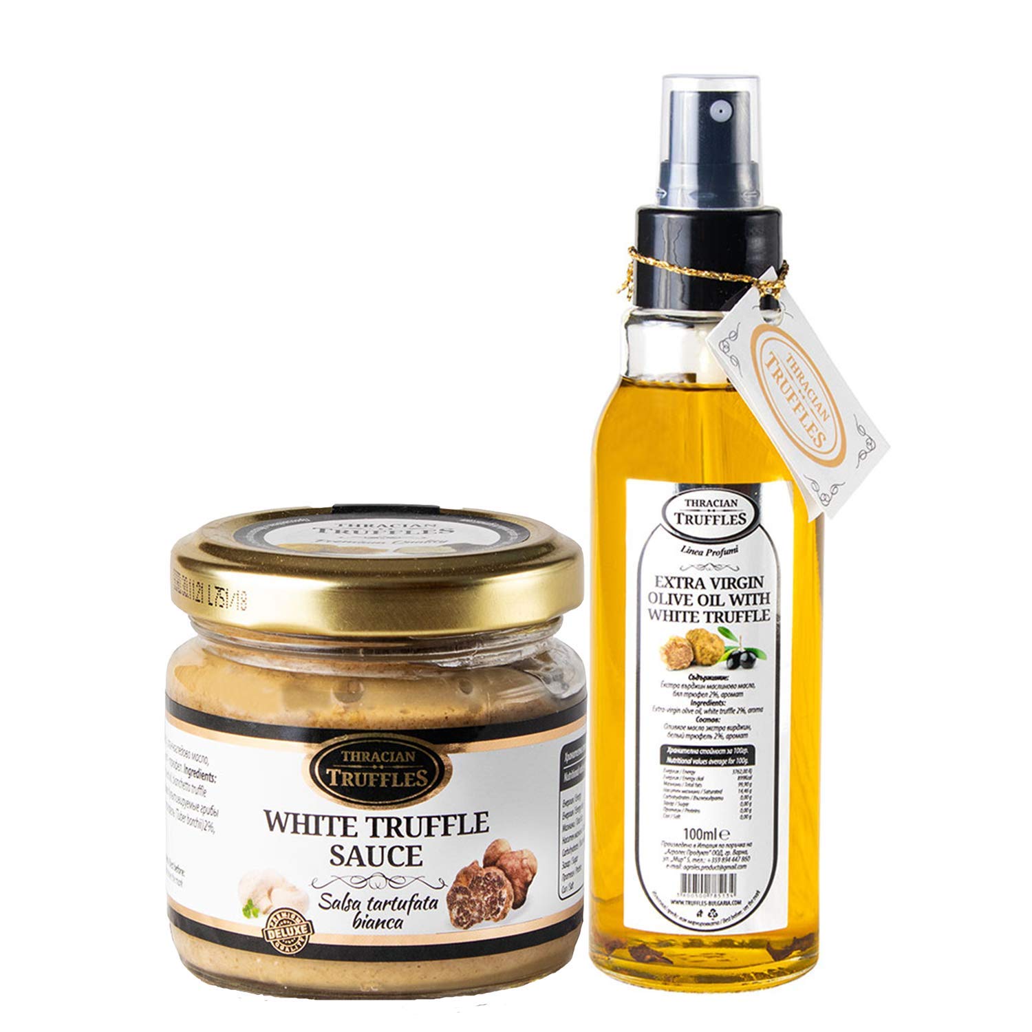 Huile d'olive extra vierge à la truffe blanche avec Tuber Magnatum Pico Spray 100 ml et Truffe blanche Tuber borchii Sauce Gourmet pour viande, pain grillé, risotto, sushi 170g