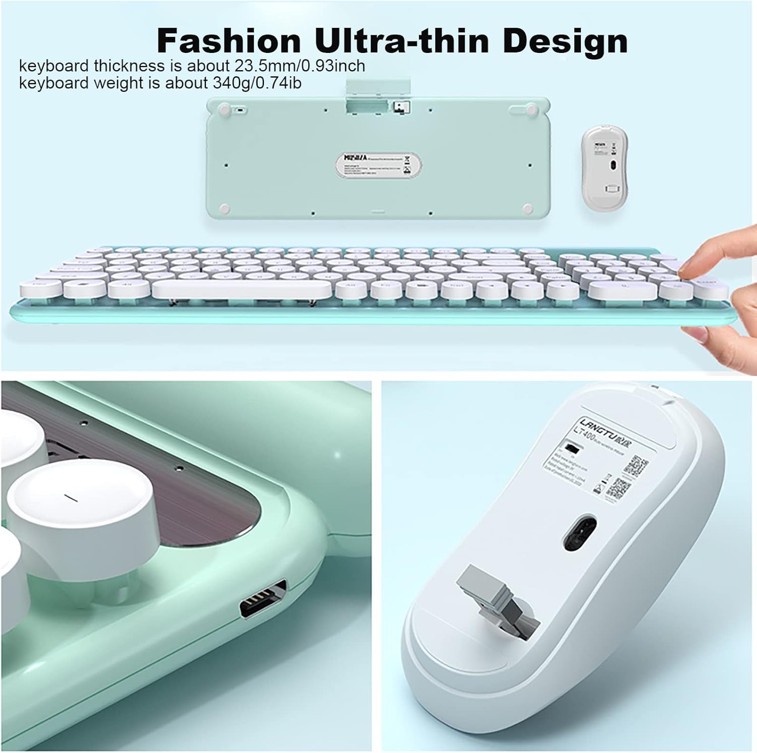 Wireless Mouse and Keyboard Combo,Ultra Thin 2.4G Cordless Punk Style Office Keyboard with USB Ergonomic Optical Mice Set for PC Laptops Notebooks Computer (Light Green)