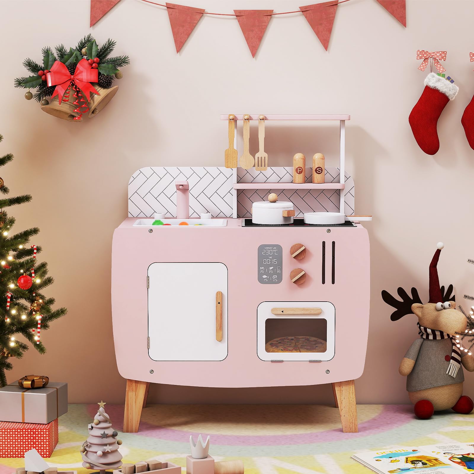 HOMASIS Spielküche mit 7 Zubehör, Kinderküche mit Spüle, Herd & Ofen, kleine Spielzeugküche aus Holz, Kinderspielküche mit Schrank, 3 Haken & 2 Regale, Holzküche Eckküche für Kinder ab 3 Jahre, Rosa