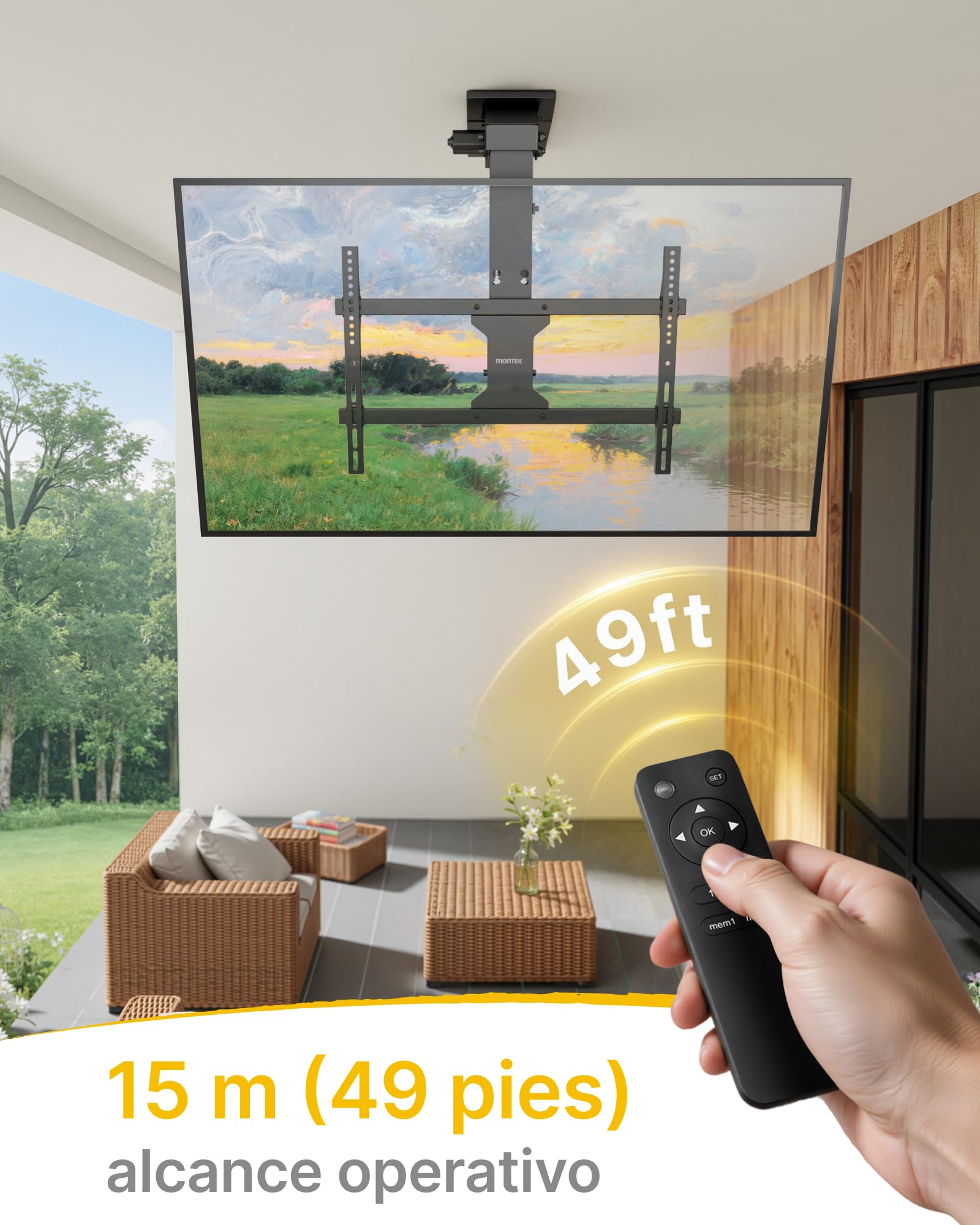 monTEK Soporte TV de Techo Eléctrico para 37-75", hasta 45 kg | Soporte TV de techo motorizado con mando, app y control por voz; compatible con techos planos e inclinados.