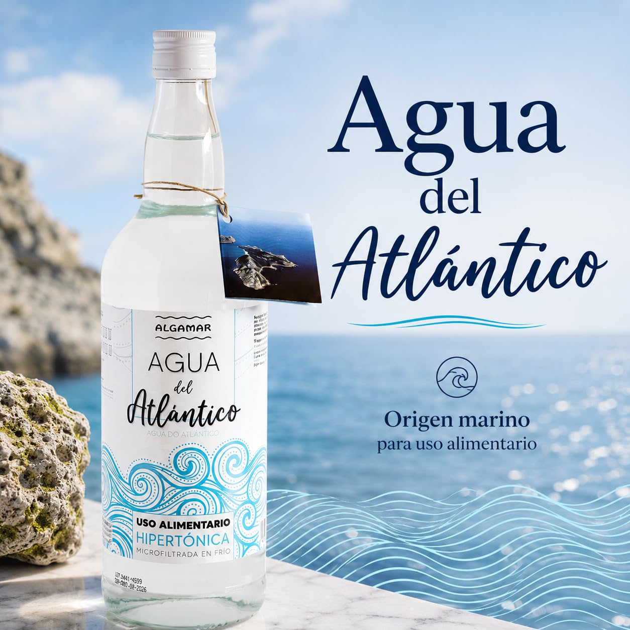 Pack 6 x Agua de Mar Algamar 1 L, hipertónica y microfiltrada en frío, agua marina del Atlántico para uso alimentario, 6 botellas de cristal para cocinar y recetas