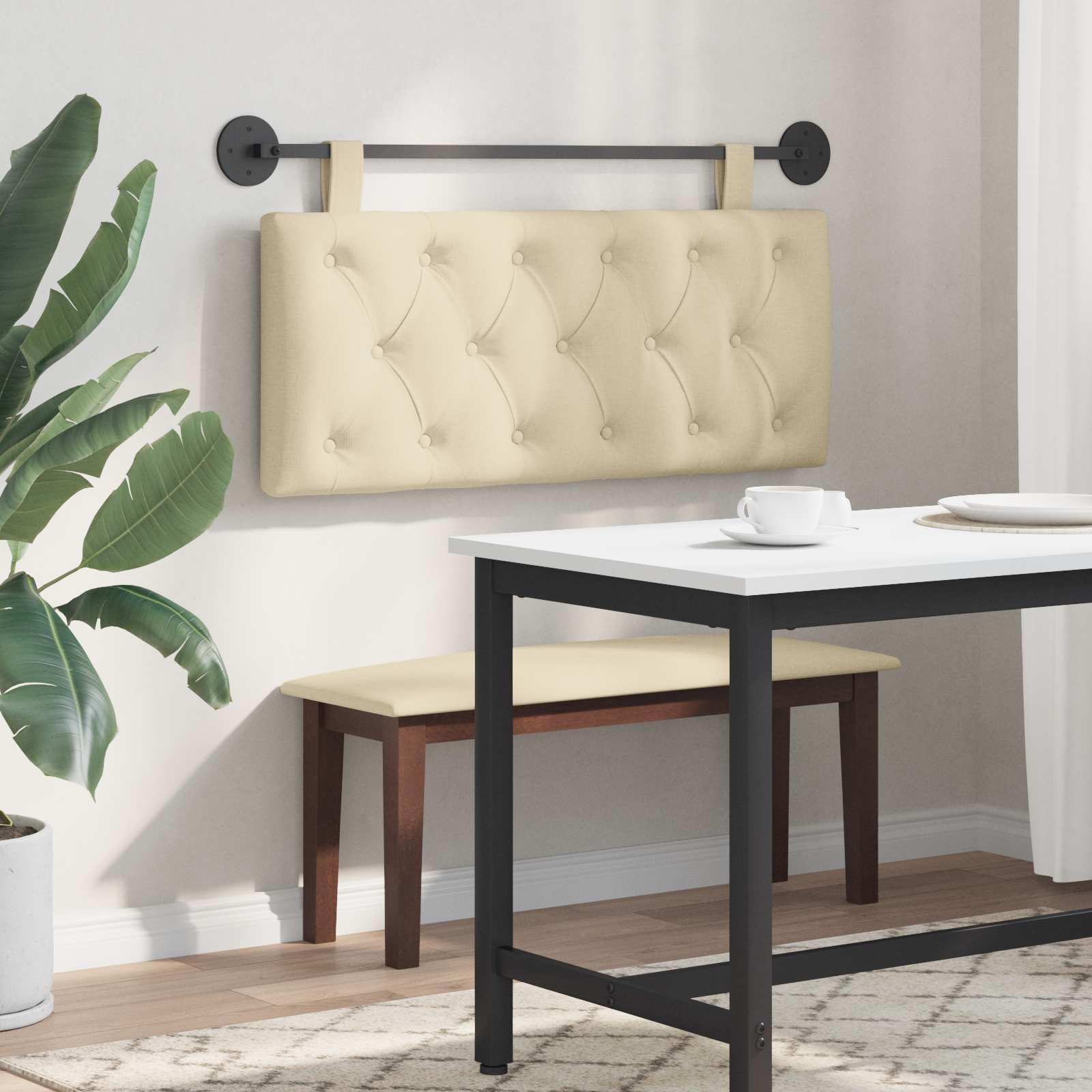 Cabecero colgante de tela color crema, 110 x 55 x 7 cm | 100 % poliéster, relleno de espuma, marco de madera diseñada, montaje en pared, cinturones extraíbles