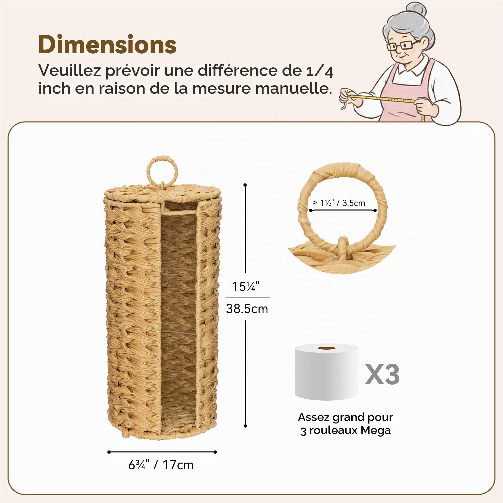 GRANNY SAYS Porte Rouleau Papier Toilette Sur Pied - Panier de Rangement Osier - Réserves à Rouleaux - Porte WC Décoration