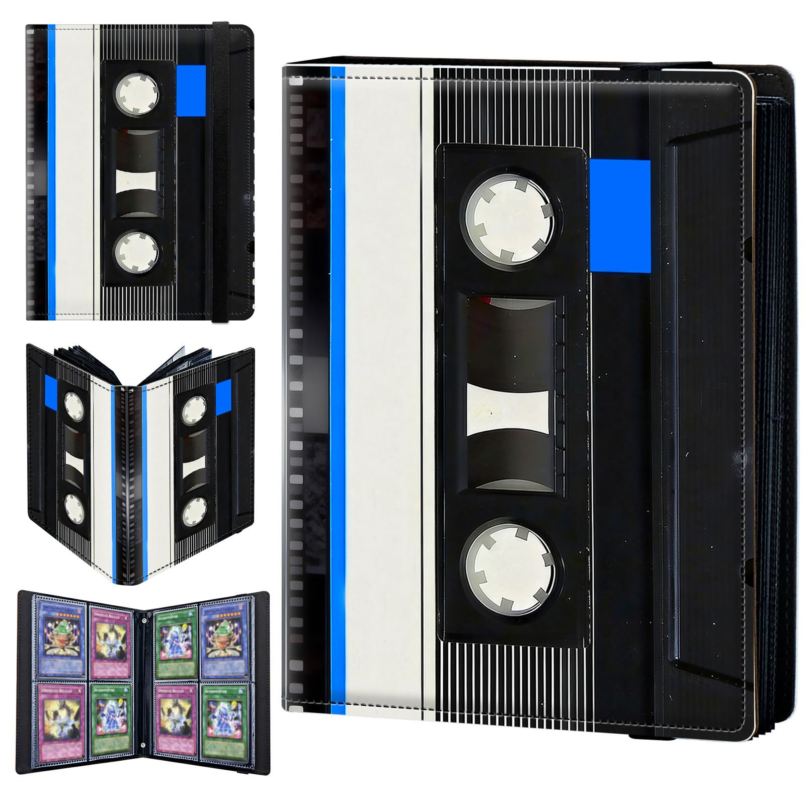 4 Pocket Trading Card Binder 400 Side Loading Pocket Album with Audio Tape Pattern Design Card Binder for Sports Cards & Game Cards