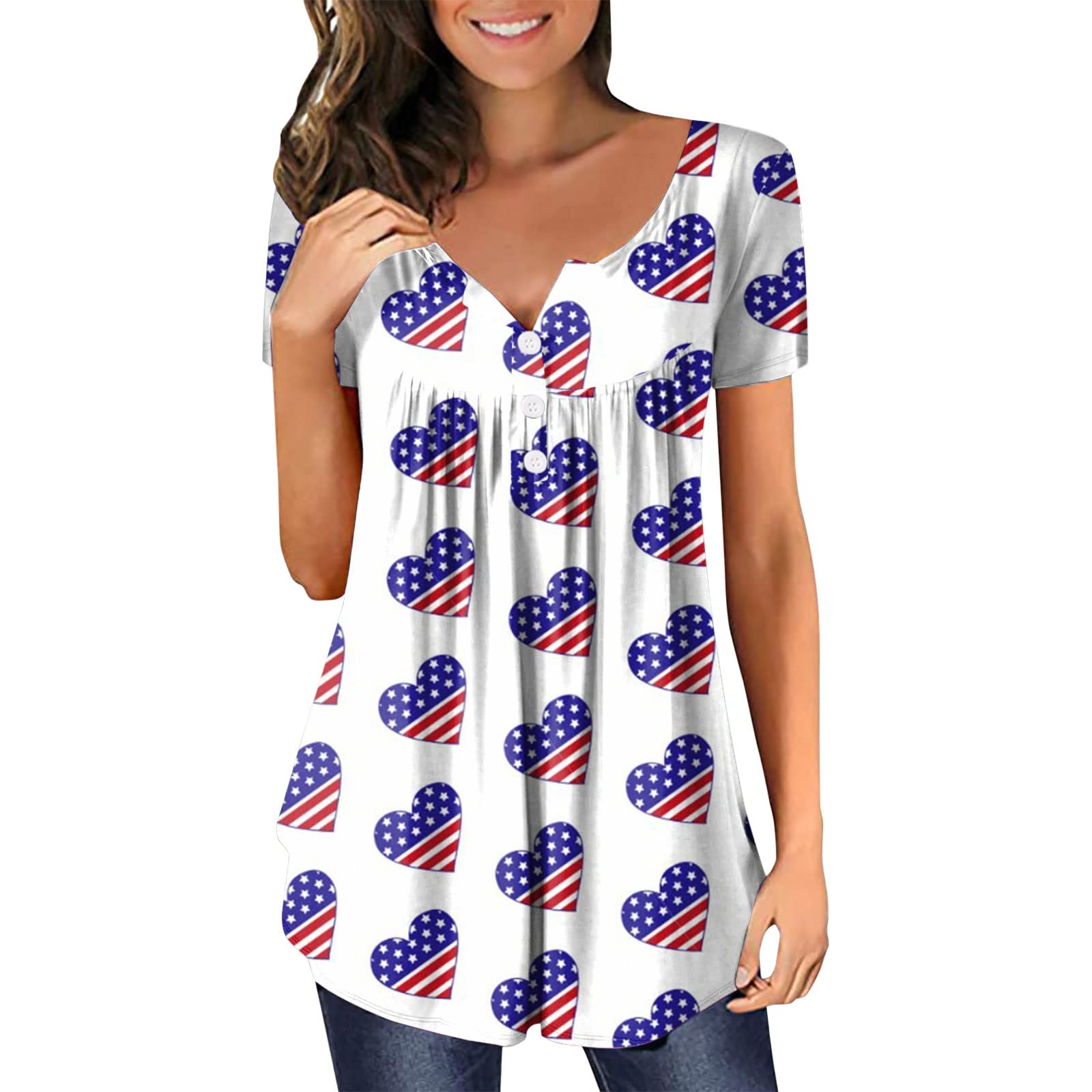 Women Short Sleeve Tops Independence Day for Women Plus Size American 4th of July Printed V Neck Short Sleeve T Shirts Button Pullover Tops Blouse Women Shirt Blouse