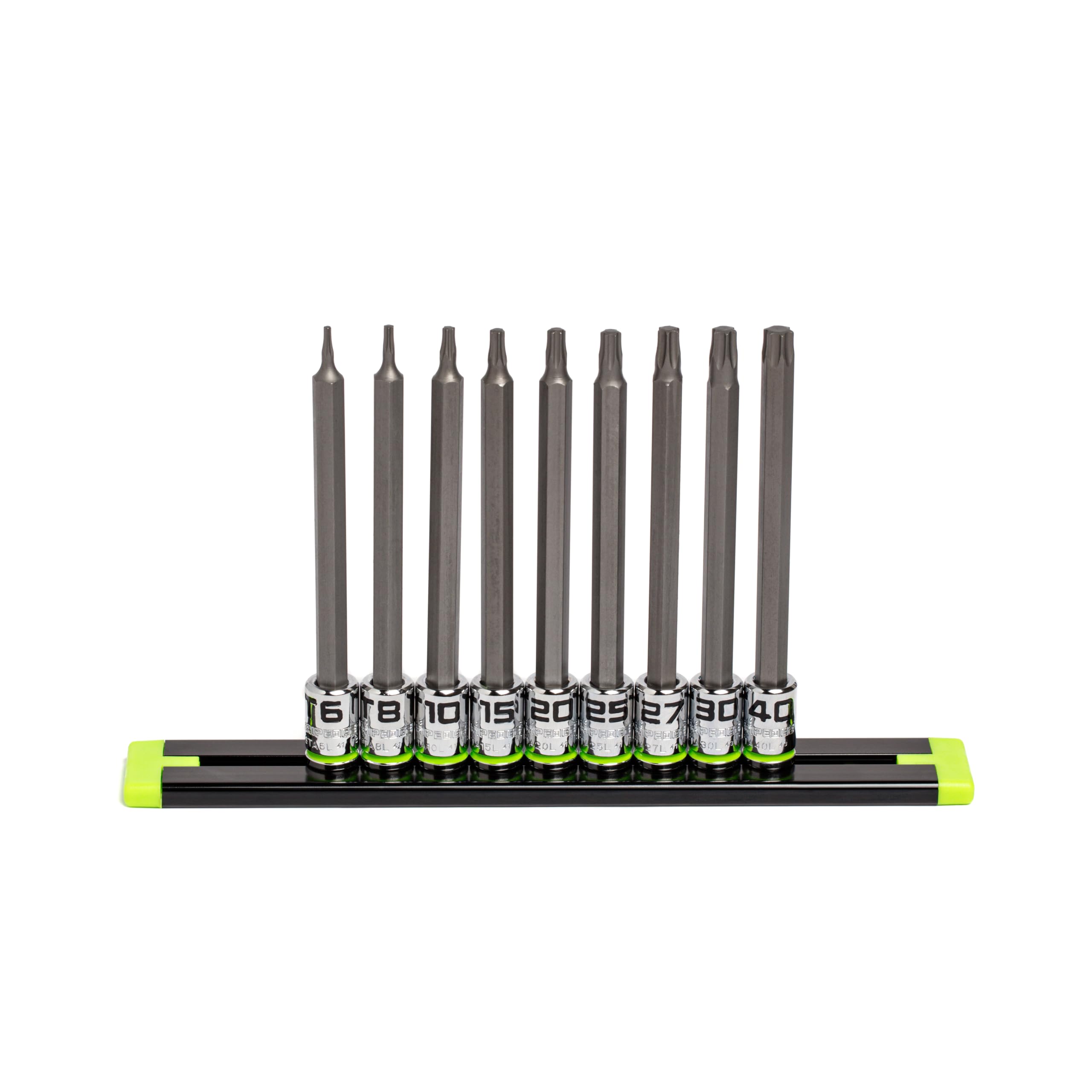 GRIPEDGE Tools | 9-PC 1/4" Drive Long RPT Star Driver Set | Sizes T6 - T40 | Made With S2 Steel | Includes Premium Aluminum Socket Rail |