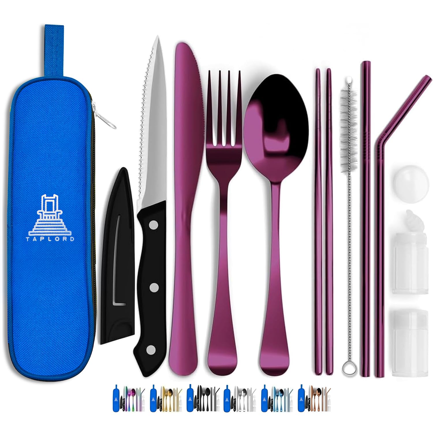 Travel Utensils With Case, 10 Pcs portable silverware set (Purple)