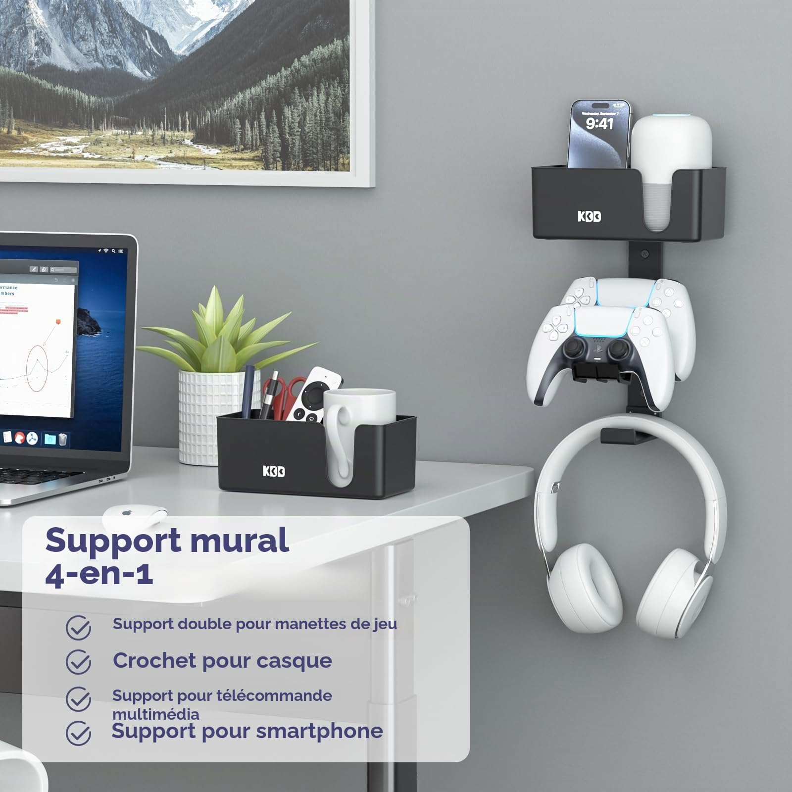 KDD Support Mural pour Manette 4-en-1, Support Contrôleur Double et Support Casque avec Patins Antidérapants, Rangement de Manette Amovible pour PS5 PS4 avec Organisateur de Bureau pour Bureau Chambre