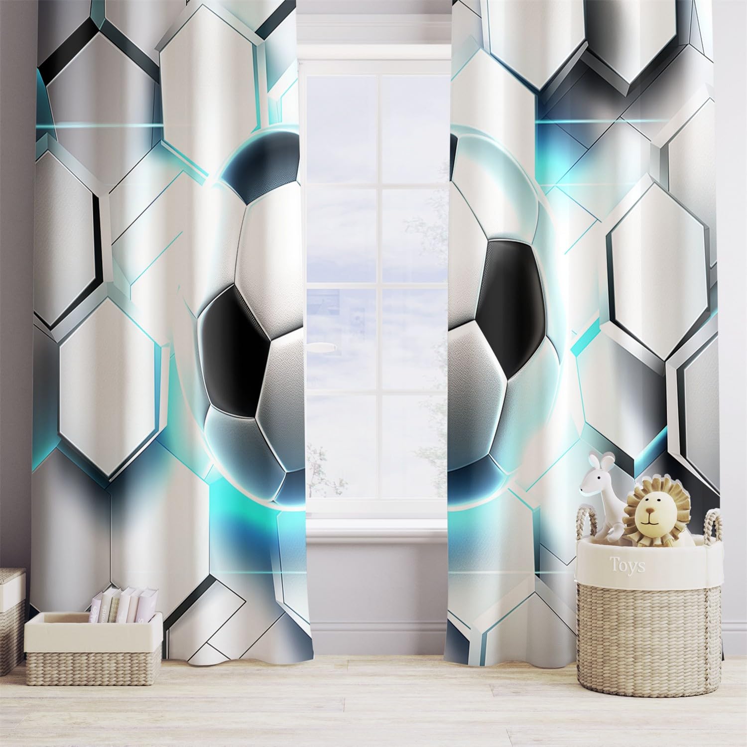 Lot de Rideaux Occultants à Oeillets Isolant Thermique Anti Froid Ballon de Foot Hexagonal animé Imprimés Blanc, Rideaux Salon Chambre pour Enfant Garcon, 110L X 215H cm (2 Panneaux)