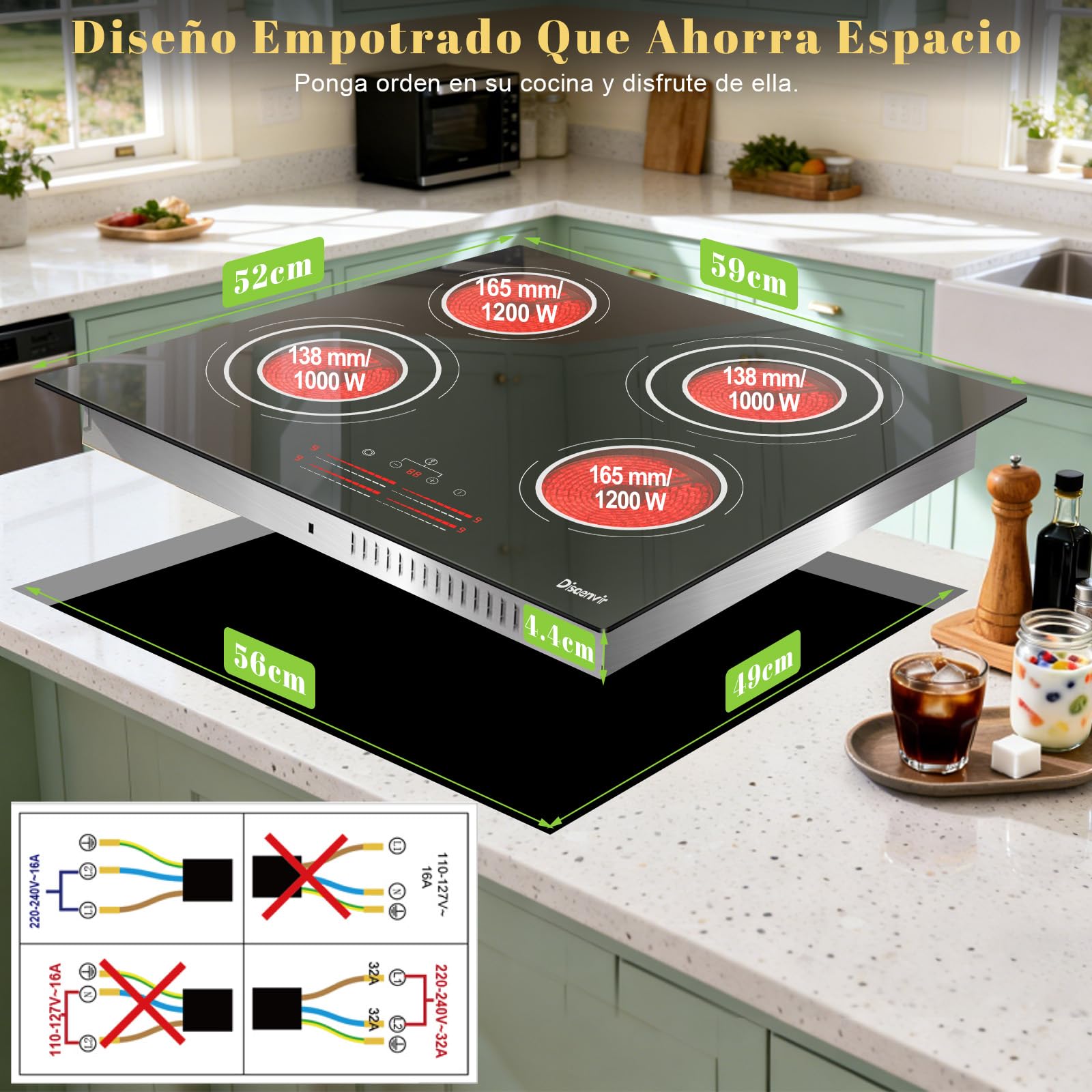 Placa Vitrocerámica 4 Fuegos 6600 W, Placa de Cocción con Zona de Expansión, Placa de Cocina Empotrable 60 cm, 9 Niveles de Potencia, Temporizador, Bloqueo para Niños, 220-240 V