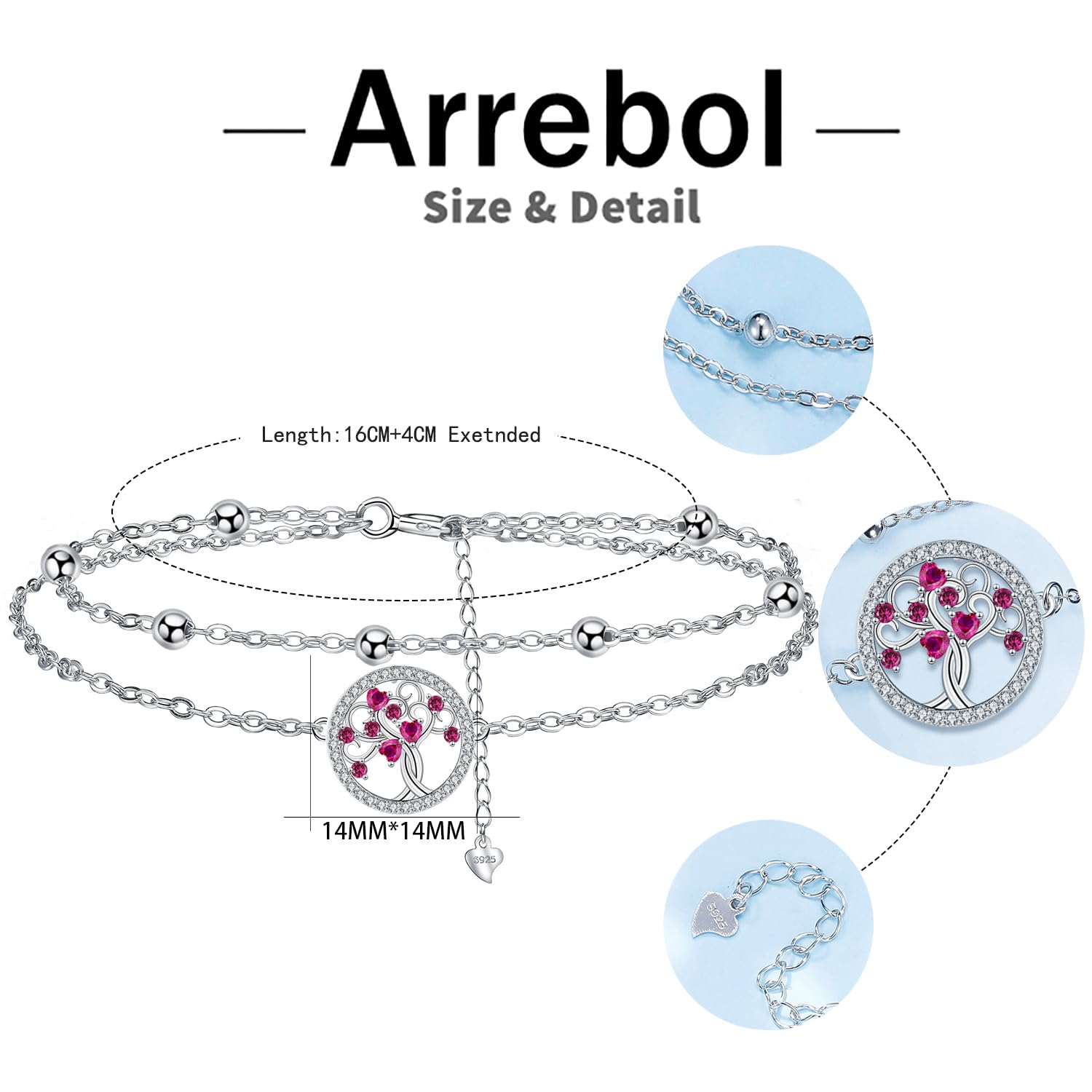 Arrebol Bracciale Donna Argento 925 con Doppia Catena Regalo per Donne Moglie Madri Figlia - Regolabile [16+4cm]