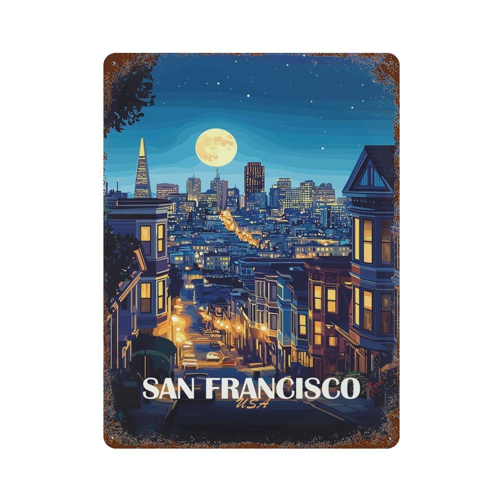 Garage Style San Francisco Cityscape at Night Rusty Metal Tin Sign 15.7"x11.8", Farmhouse Wall Decor for Bar And Workshop