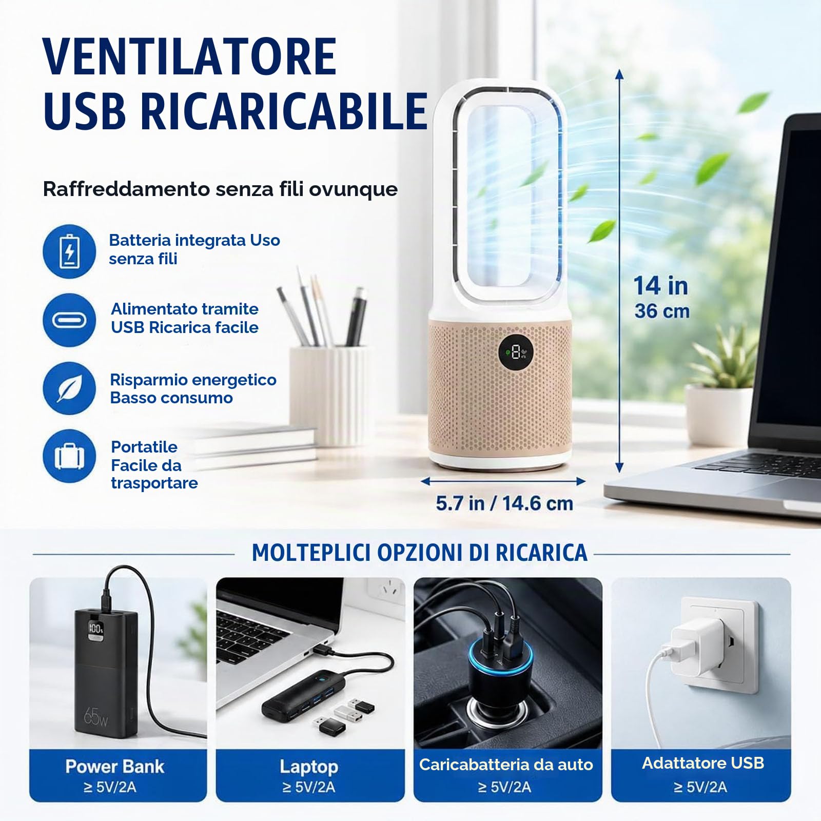 VOMI Ventilatore da tavolo senza rotore, con batteria, 4000 mAh, silenzioso | Senza pale, oscillazione a 60°, 9 velocità, luce notturna, timer da 9 ore, per camera da letto, ufficio e scrivania