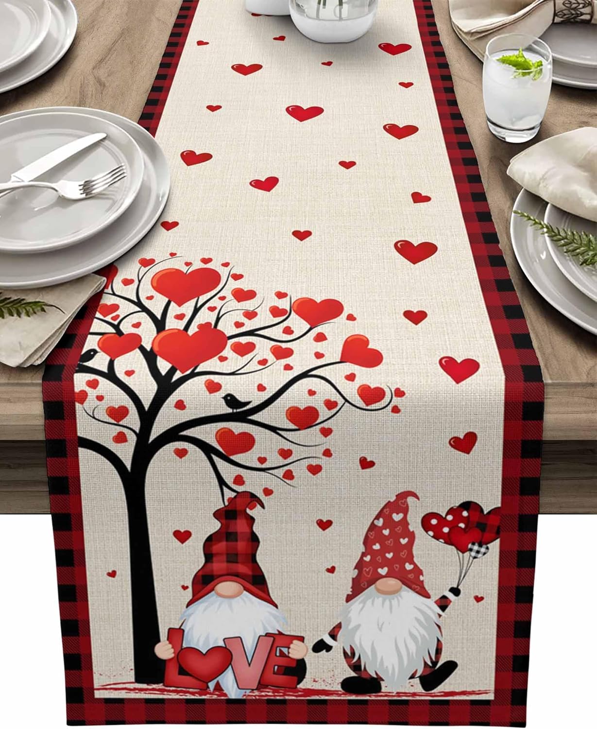 Valentine Table Runner 120 inches Long for Table Decoration Happy Valentine's Day Love Tree and Gnome Red and Black Buffalo Plaid Coffee Table Runner for Kitchen Runners for Party Home Decor 13x120in