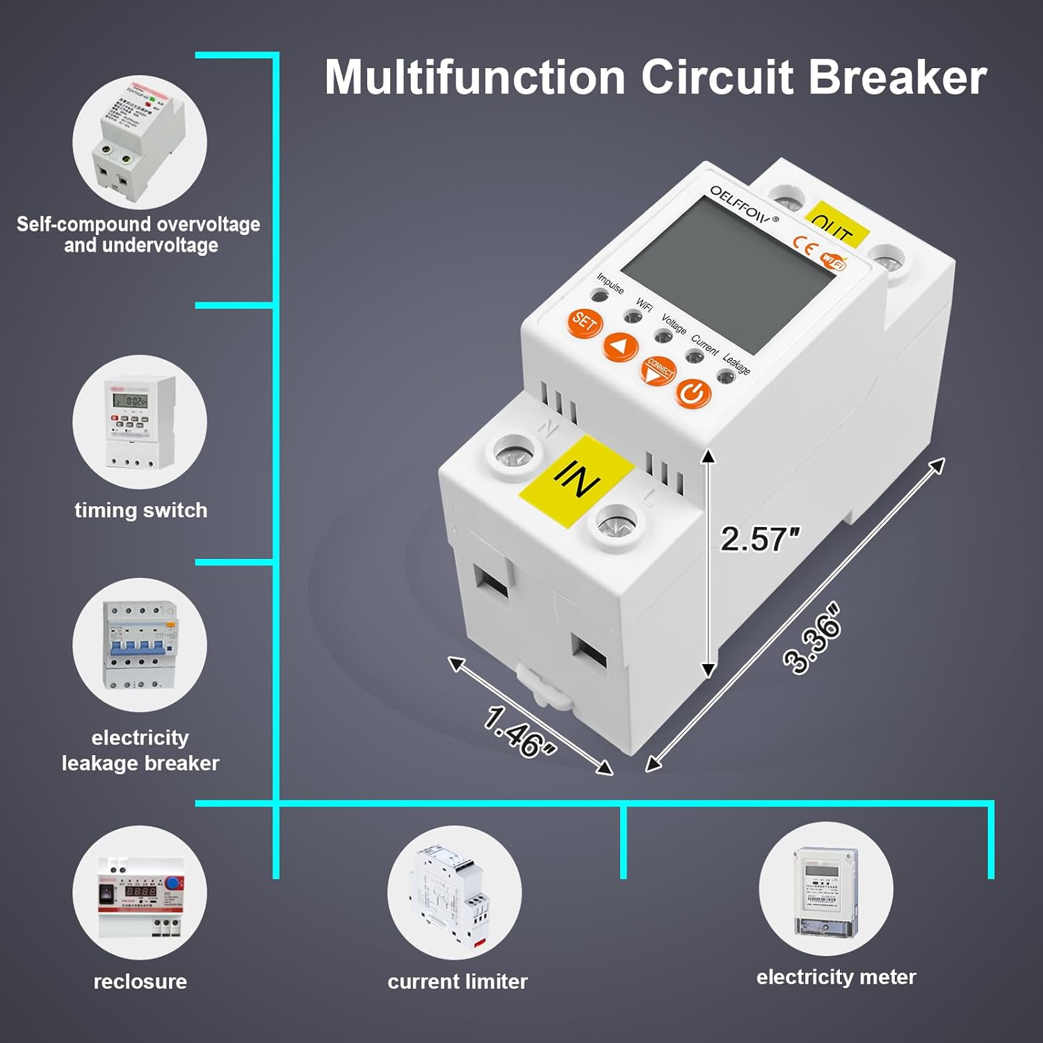 WiFi Circuit Breaker Smart Miniature Circuit Breaker - Single Phase AC85-300V 63A, Din Rail Mount, for Leakage, Over/Under Voltage and Over Current Protection (Bottom Input, Top Output)