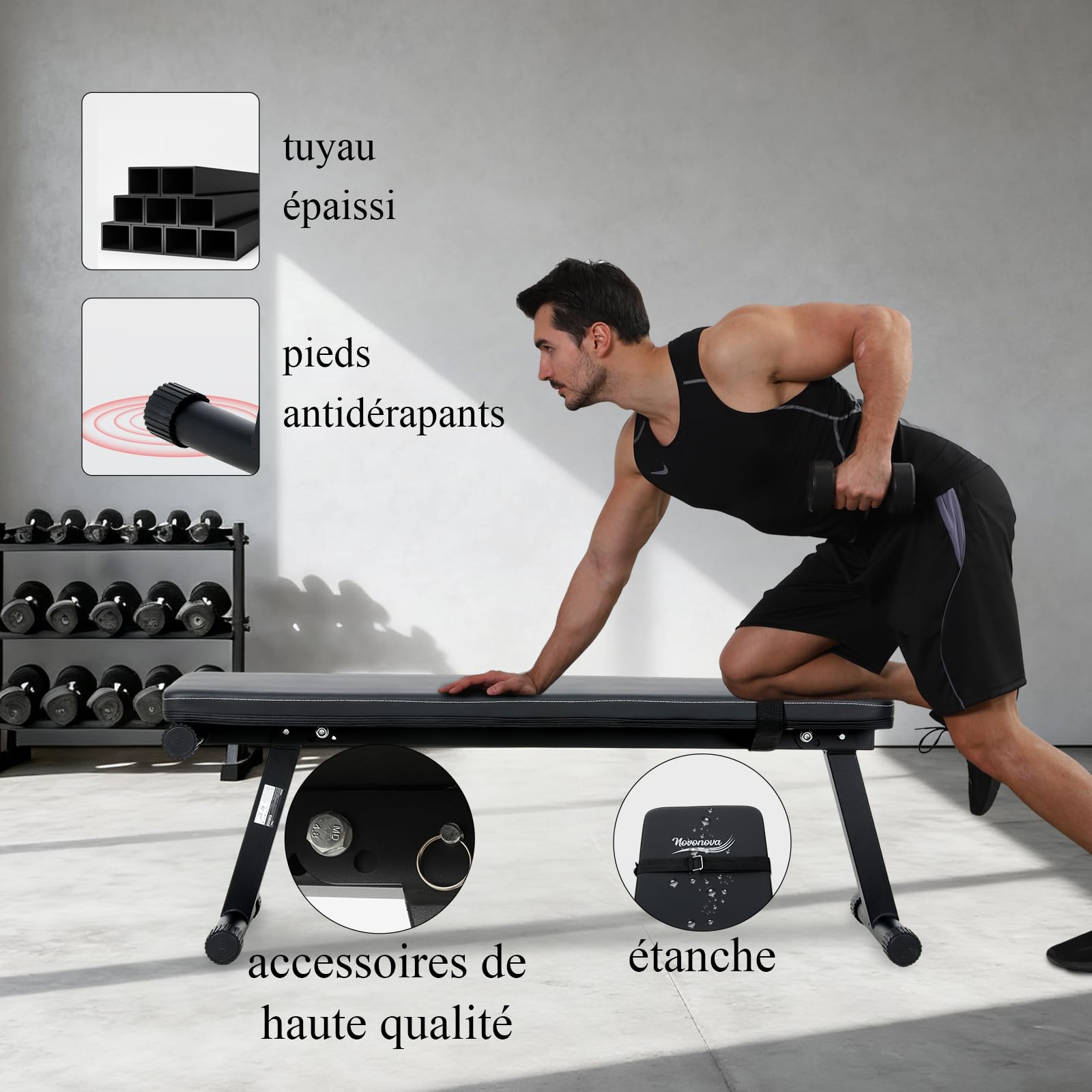 Banc Plat, Banc de Musculation Pliable, Banc d'Entraînement Pliable, Banc Musculation Inclinable Multifonctionnel Réglable, Banc de Muscu Abdominaux/Dos/Lombaire Inclinable, ChargeMax.150KG