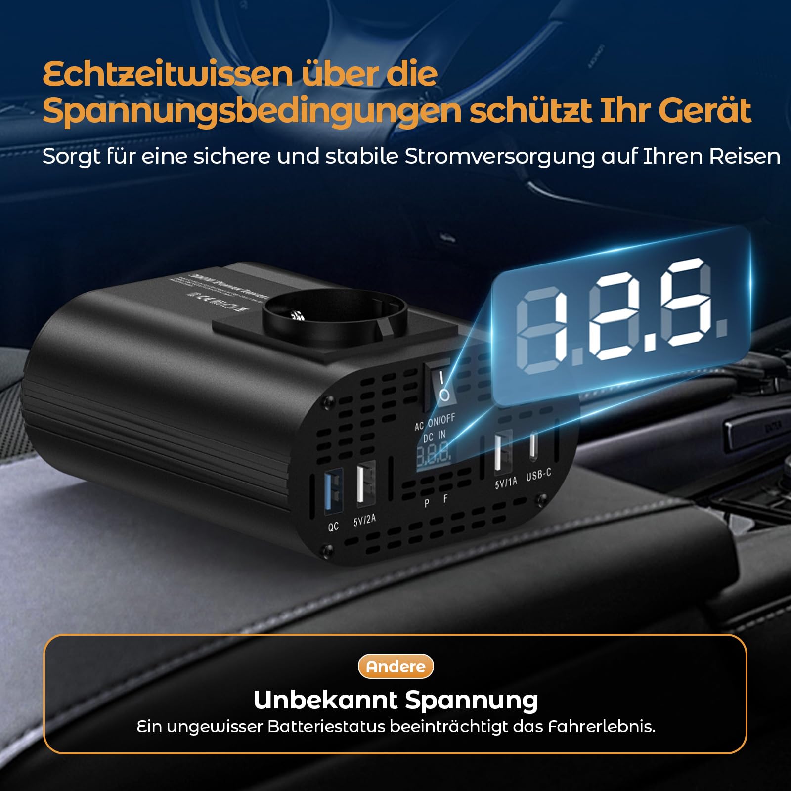 300W Wechselrichter 12V auf 230V, spannungswandler 12v 230v mit 1 Steckdosen、Type-C 30W、USB-Schnellladung 25W、3 USB-Anschlüsse, LED-Anzeige, Laden von Handys, Laptops und Anderen Geräten