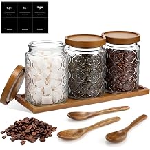 3 Pcs Glass Coffee Container Set with Wooden Lid Spoon Shelf Labels 24 oz Vintage Clear Sugar Tea Bean Jar Food Condiment Spice Storage Canisters Holder Set for BarBegonia