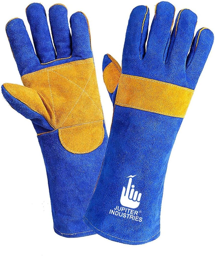 Animal Handling Leather Gloves Kevlar Gauntlet for Saftey Against Cats, Dogs, Reptile, Birds, Snakes (16 inches - (Pack of 1 Pair), Blue-Yellow)