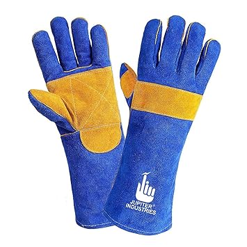 Jupiter Industries Animal Handling Leather Gloves Kevlar Gauntlet for Saftey Against Cats, Dogs, Reptile, Birds, Snakes (16 inches - (Pack of 1 Pair), Blue-Yellow)