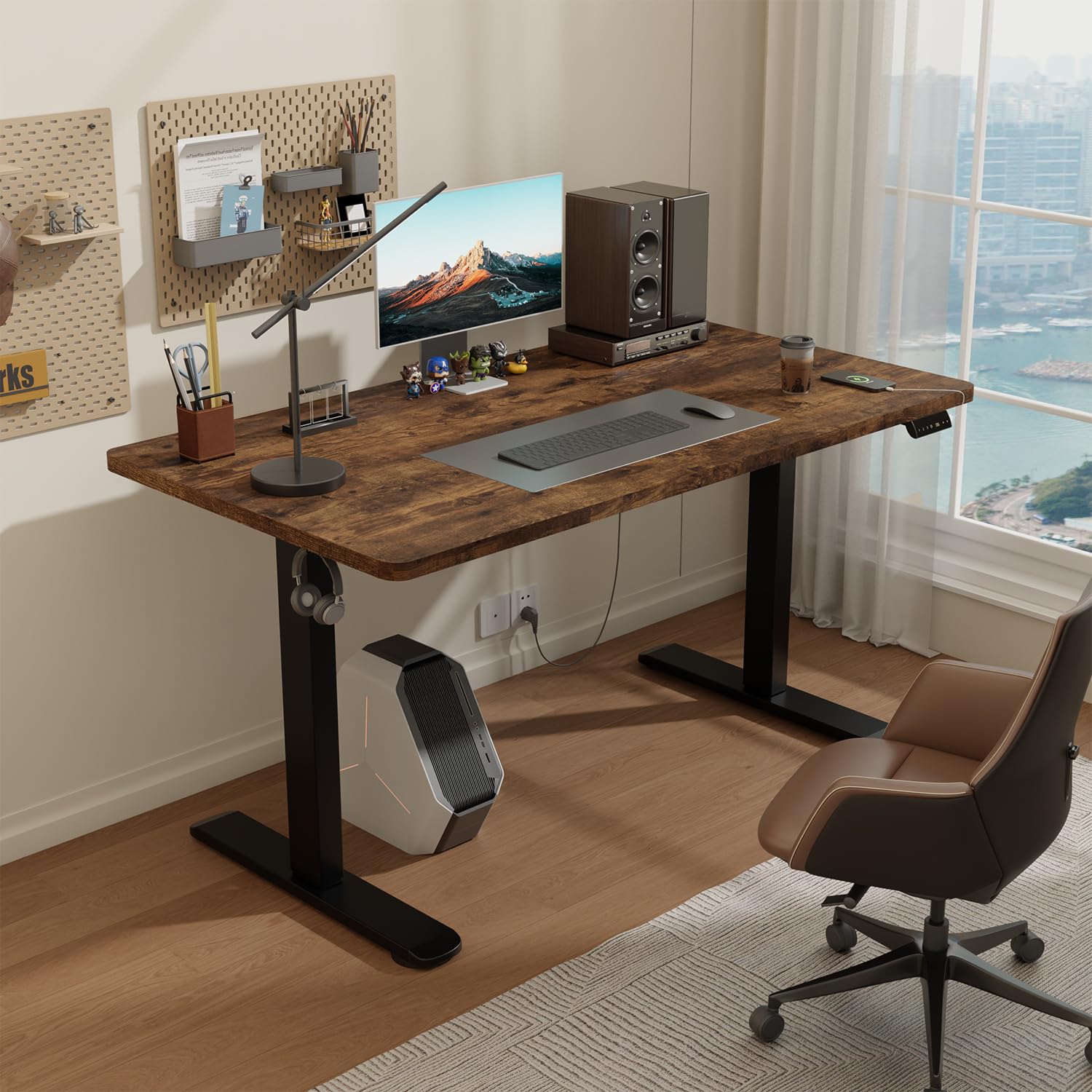 Airfish Höhenverstellbarer Schreibtisch 140x70 cm, Elektrisch Schreibtisch mit Kabelwanne, Computertisch mit USB-Buchse, Bürotisch, Stehpult mit Erinnerung an sitzende Tätigkeiten, Vintage-Braun