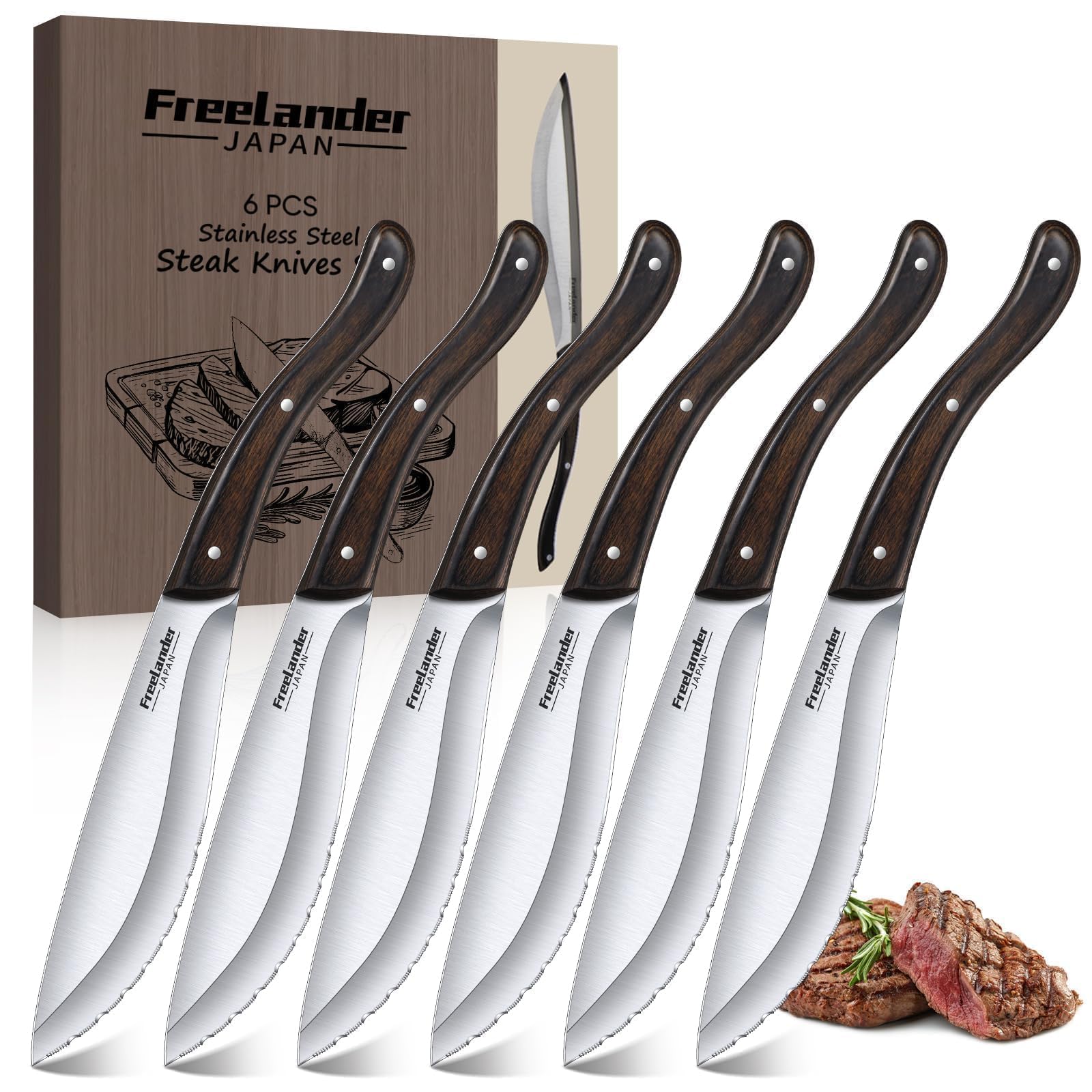 Handmade Forged Steak Knives Set of 6, Serrated Steak Cutters for Meat Cutting, Stainless Steel Steak Knife Set Blades with Wooden Handles, Elegant Aesthetic Design – Ideal Gift for Meat Lovers