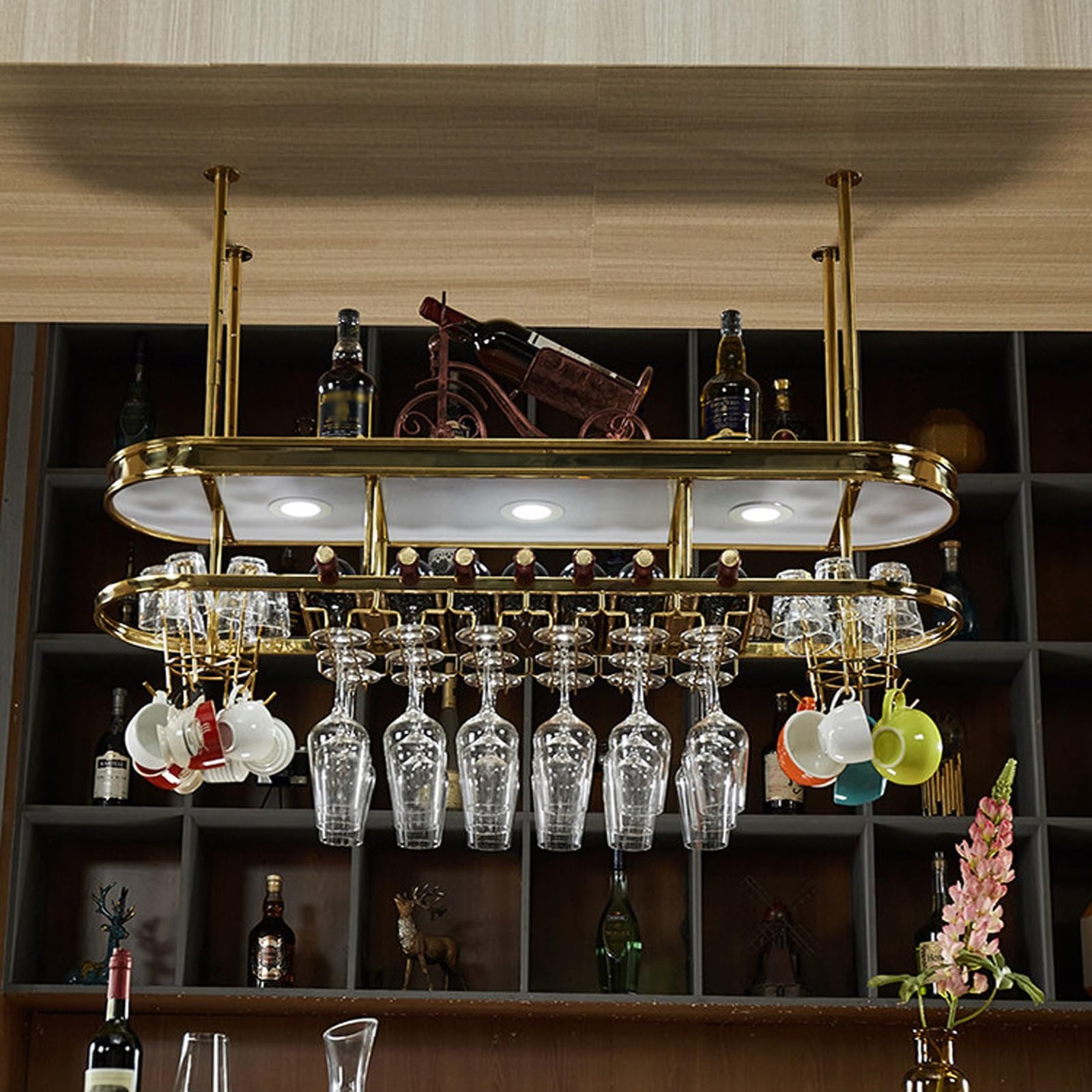 ASYJVWYZ Gold Hanging Wine Rack, Ceiling Mounted 2-Tier Storage Shelf With Wine Glass Holder & Cup Hooks For Home Bar, Kitchen, Cafe(120x30cm/47x12in)