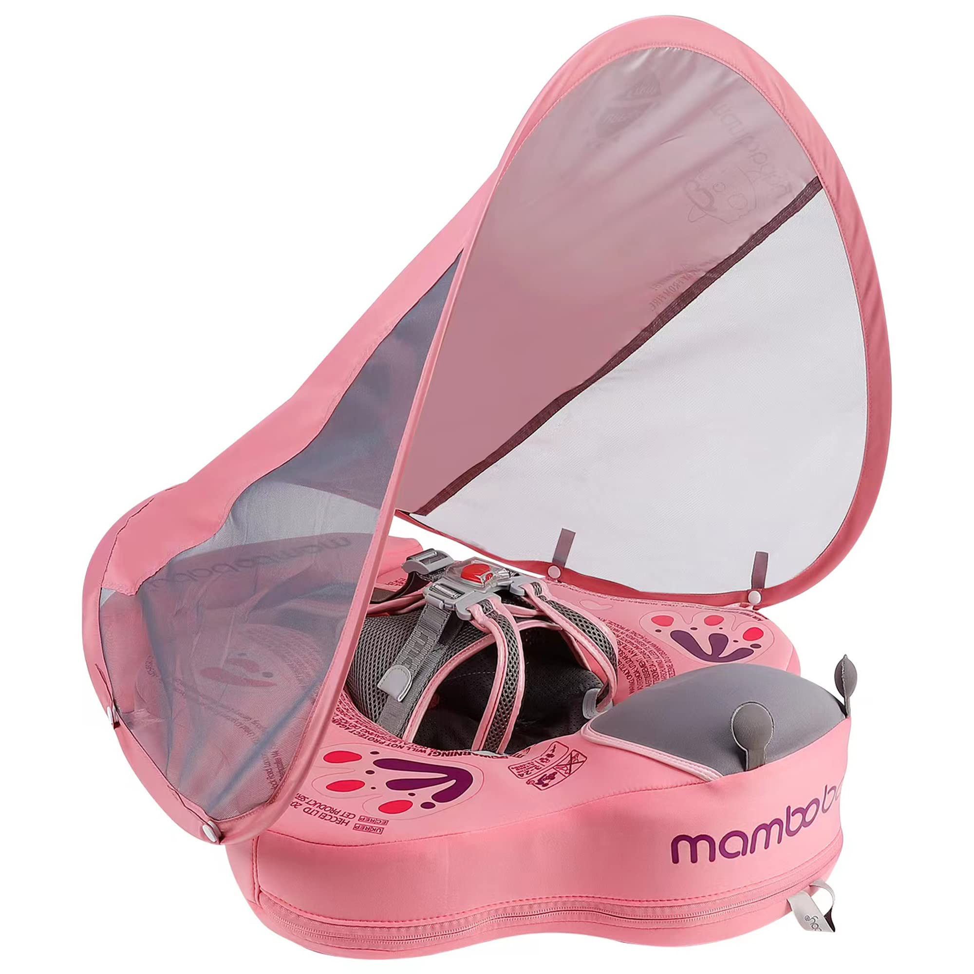 HECCEI Add Tail Newest Mambobaby Baby Swim Float with Canopy, Non-Inflatable Solid Baby Float, Upgrade Soft Skin-Friendly Fabric Infant Swim Float (Limited Edition Pink)