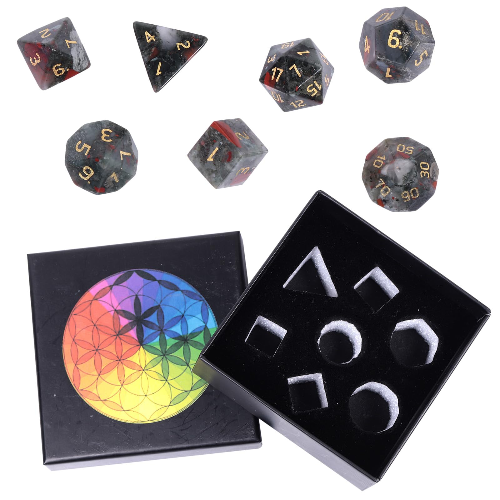 Nupuyai 7pcs Africa Bloodstone Crystal Polyhedral DND Dice Set for RPG MTG Table Games Polished Tumbled Stones Dices with Box for Home Decor - Image 3