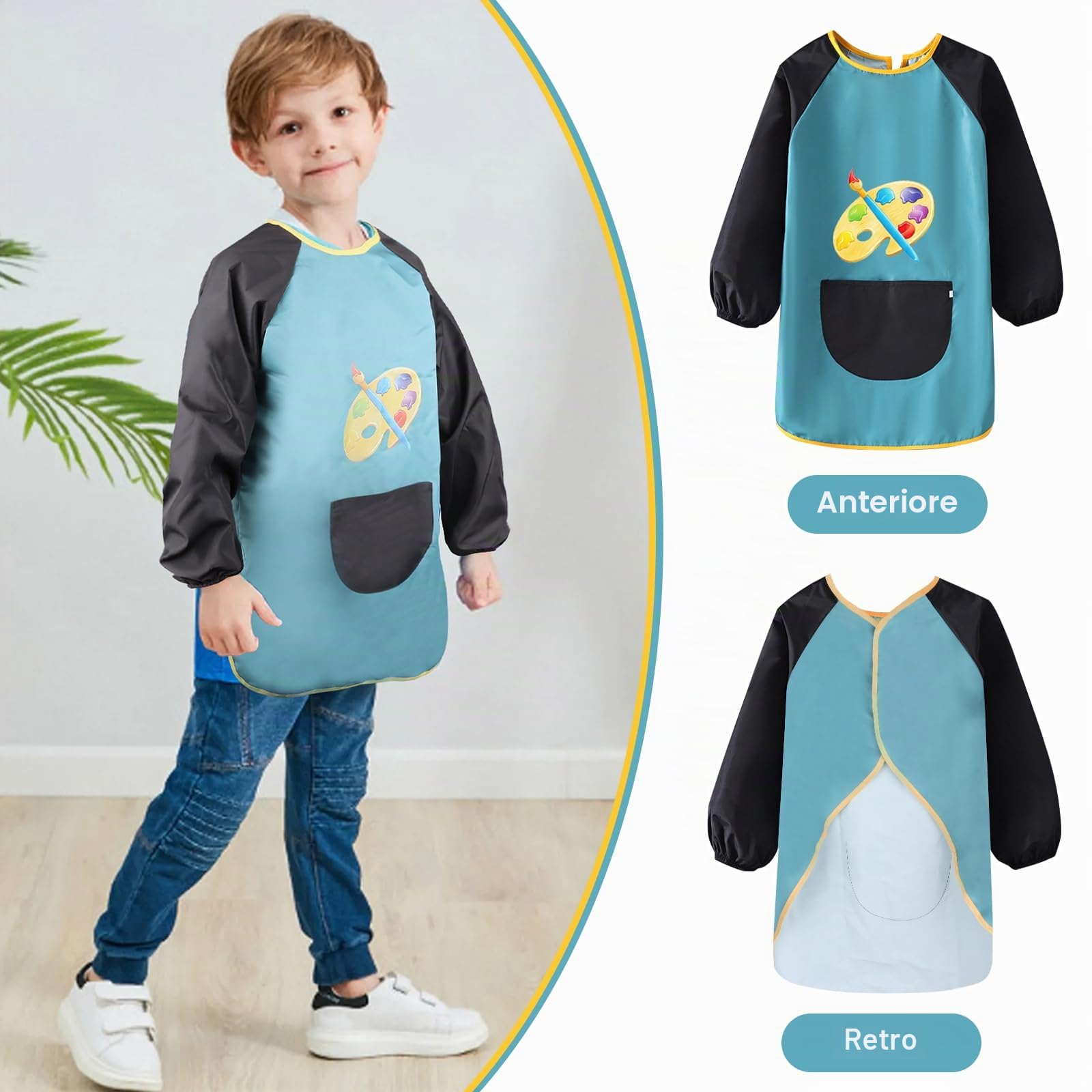 VMUTGA 2 Pezzi Grembiule Pittura Bambini, Grembiule Scuola Elementare Bambino 6-12 Anni Grembiulino Impermeabile Maniche Lunghe con Tasche per Ragazzi Ragazza Dipingere Artigianato Cucina Asilo Scuola