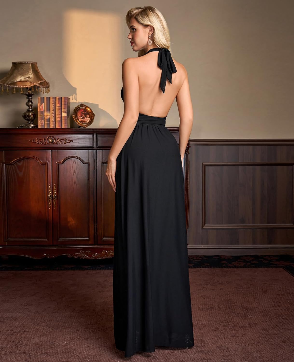 XinFSh Women's Summer Floral Halter Tie Wedding Guest Maxi Dress Sexy V Neck Backless Bodycon Mesh Long Cocktail Dresses - Image 2