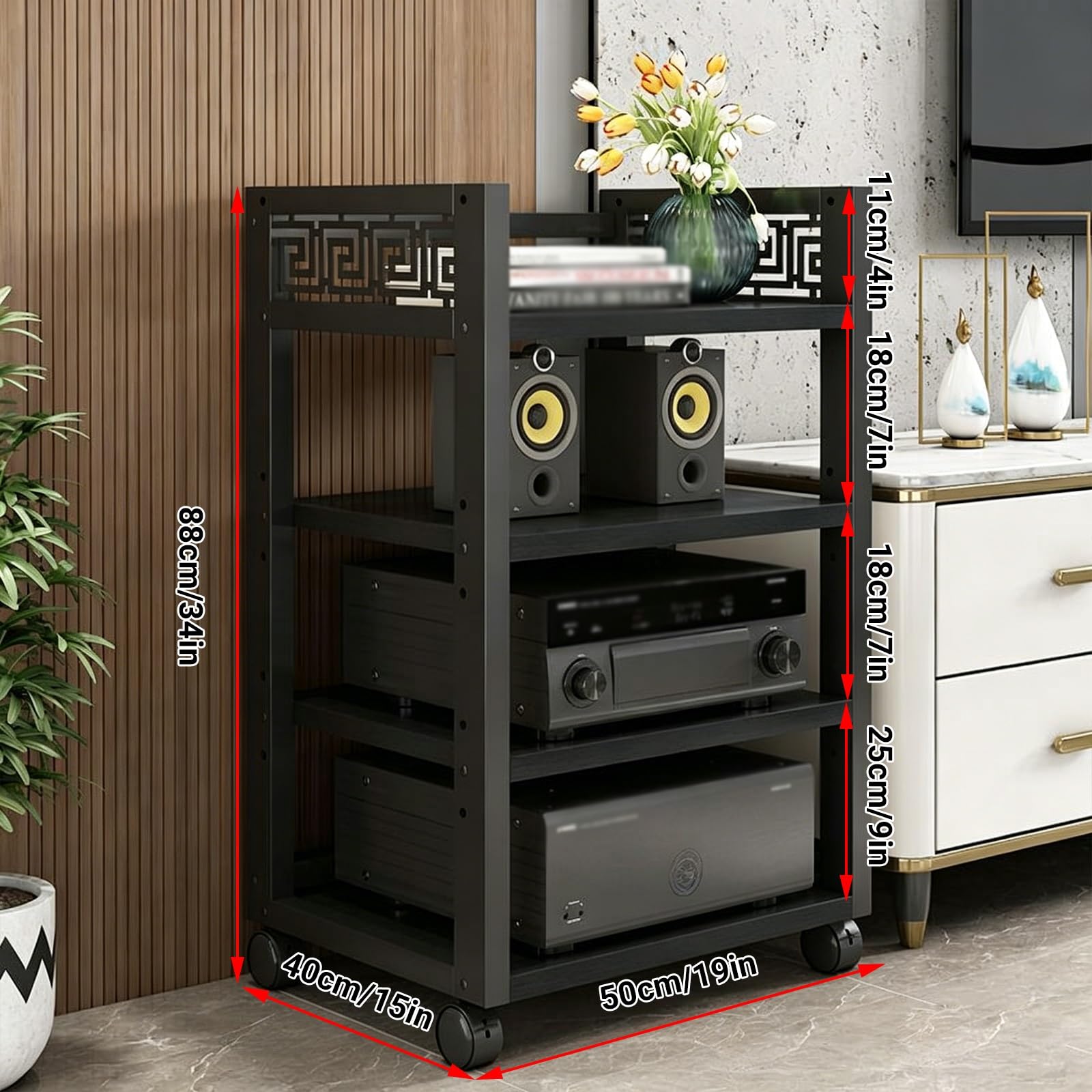 Supporto multimediale AV a 3/4/5 livelli, armadio componente audio/video, mensola angolare in legno mobile, torre audio e centro multimediale per casa/ufficio/DJ/teatro, 4 colori (rilievo nero, 4