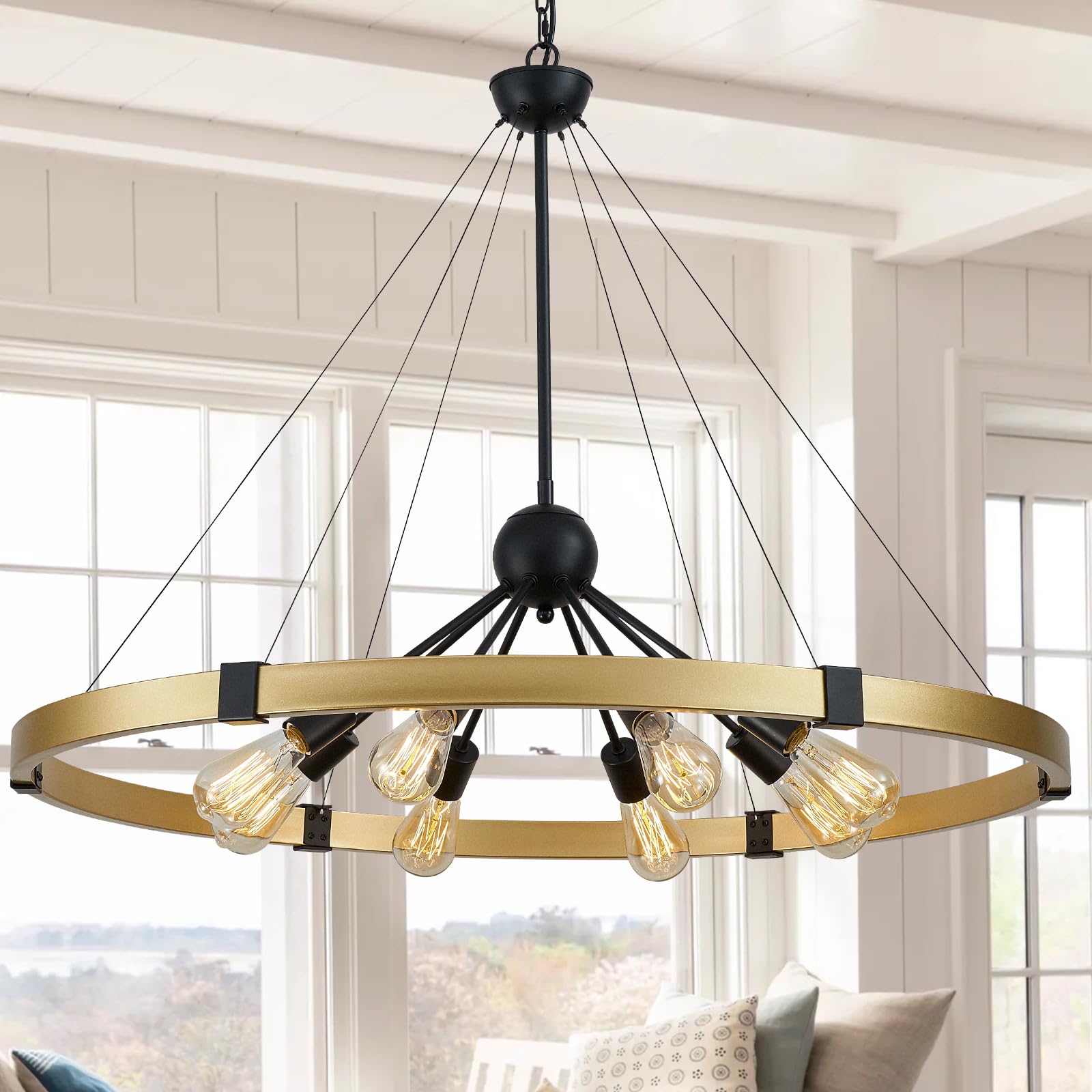 peskoe 8-Light Wagon Wheel Chandelier, Modern Gold Chandeliers for High Ceiling, Large Dining Room Light Fixture Rustic Farmhouse Round Pendant Light for Living Room Entryway Foyer Hallway, 38"