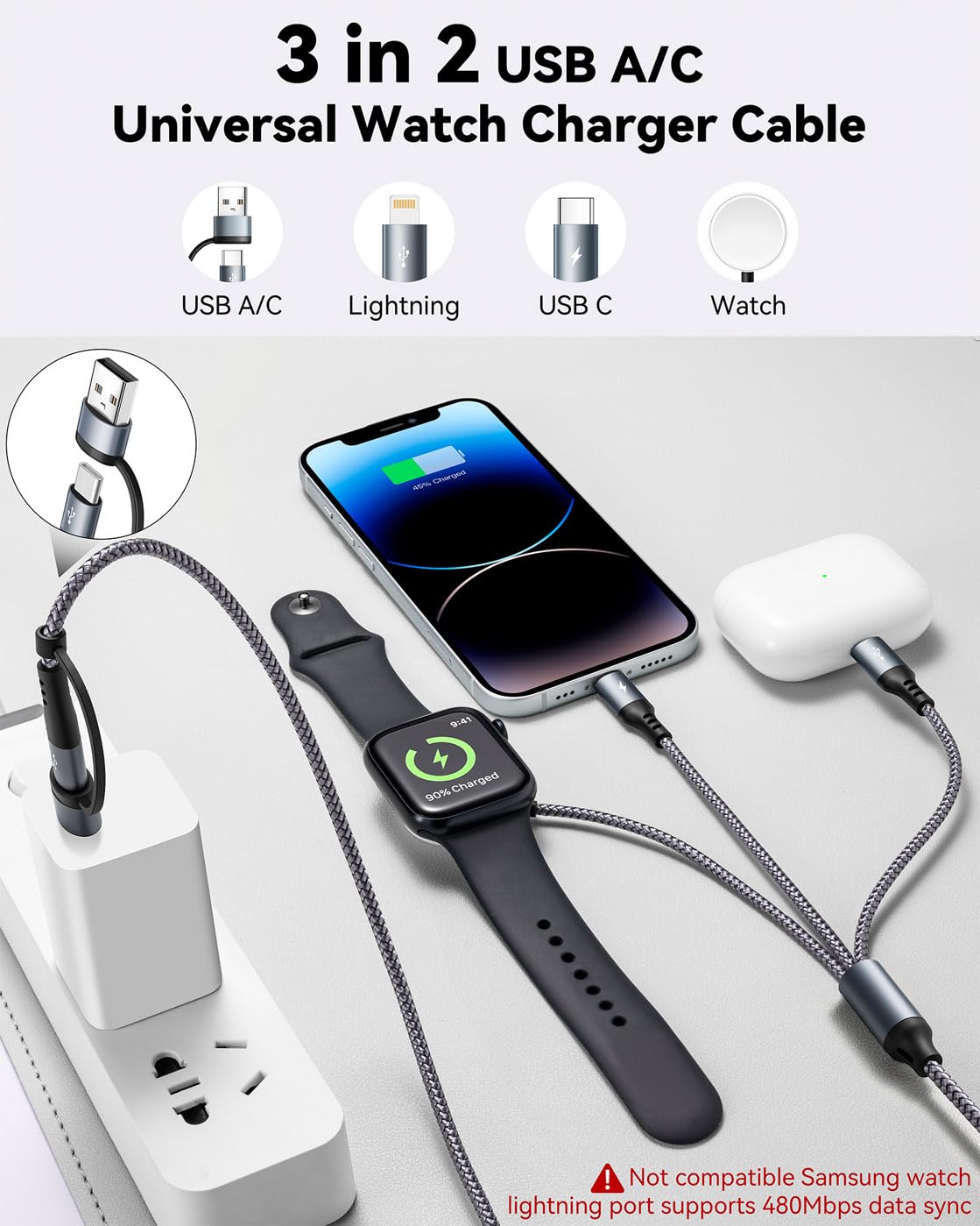 Upgraded 3 in 2 Multi Charging Cable for iPhone & iWatch, 4Ft Magnetic Wireless Apple Watch Charger USB C Cable Universal Travel Charger Nylon Braided for iWatch SE/9-1/& iPhone 16-1 (1, Grey, 4Ft)