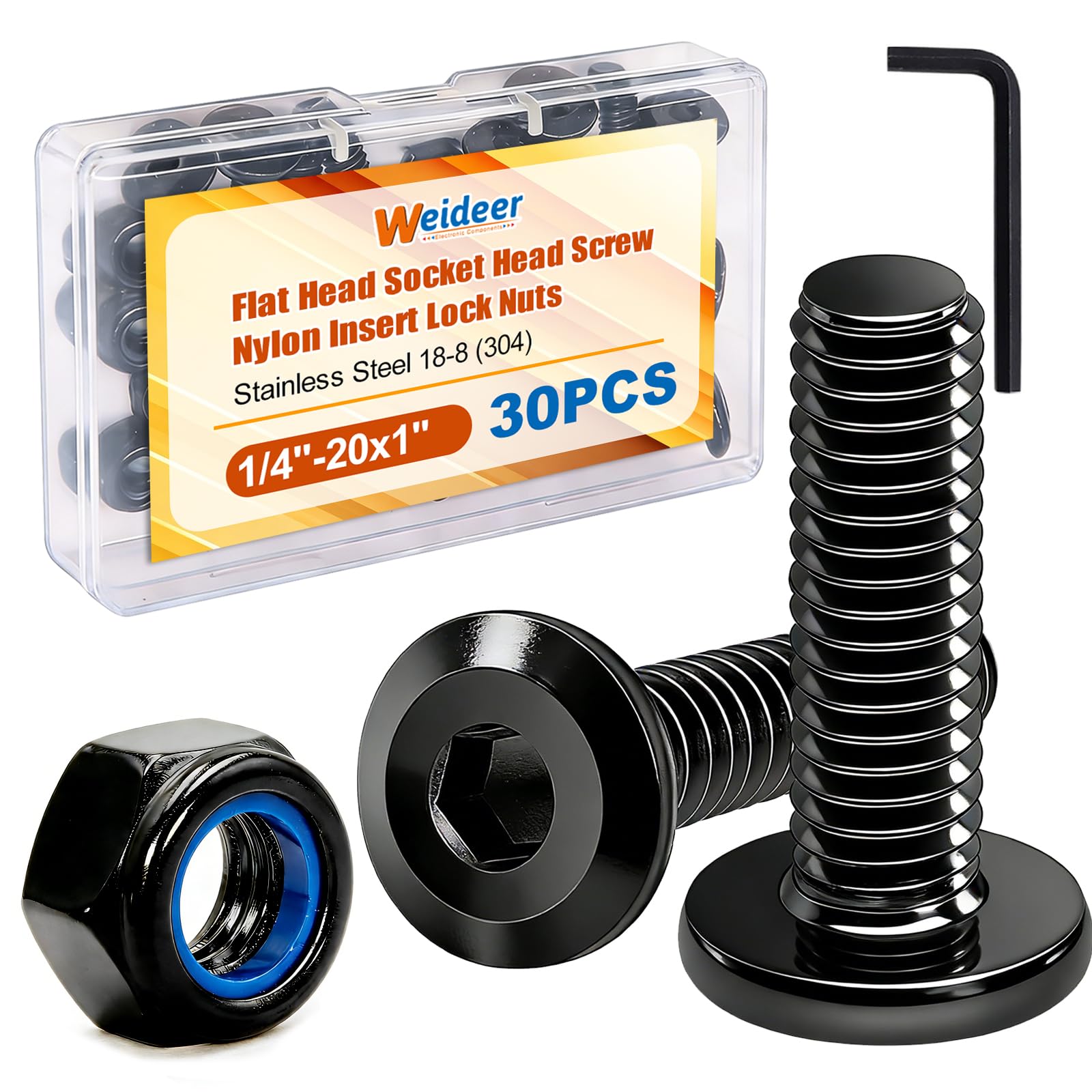 weideer 30pcs 1/4-20 x 1 Nuts and Bolts Kit, Stainless Steel 18-8 (304) Flat Head Hex Socket Cap Furniture Bolts,Nylon Insert Hex Lock Nuts with Hex